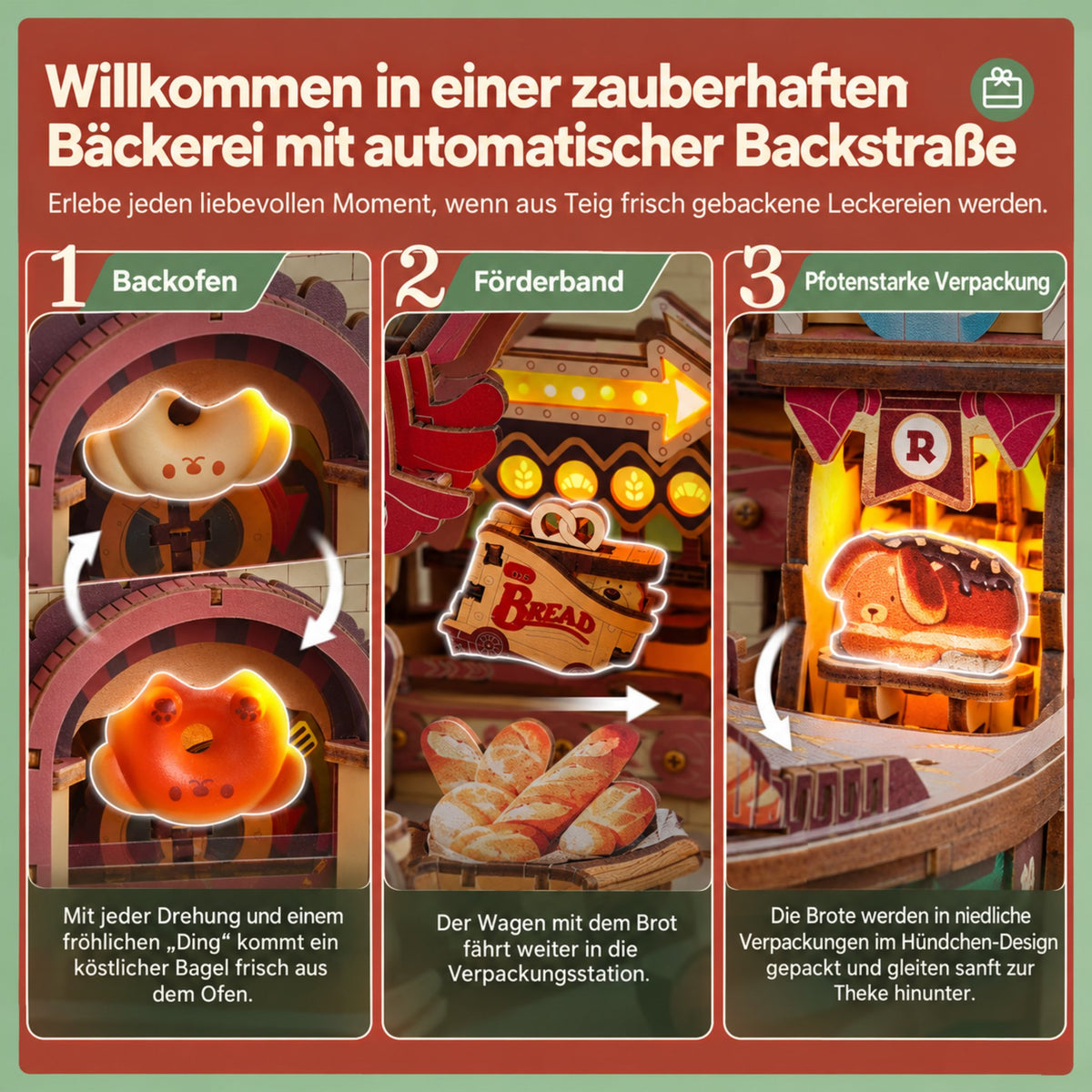 Dream Bread Factory 3D -Maquette en bois avec une chaîne de production mobile comprenant un four, un tapis roulant et un système d'emballage au design « petit chien »