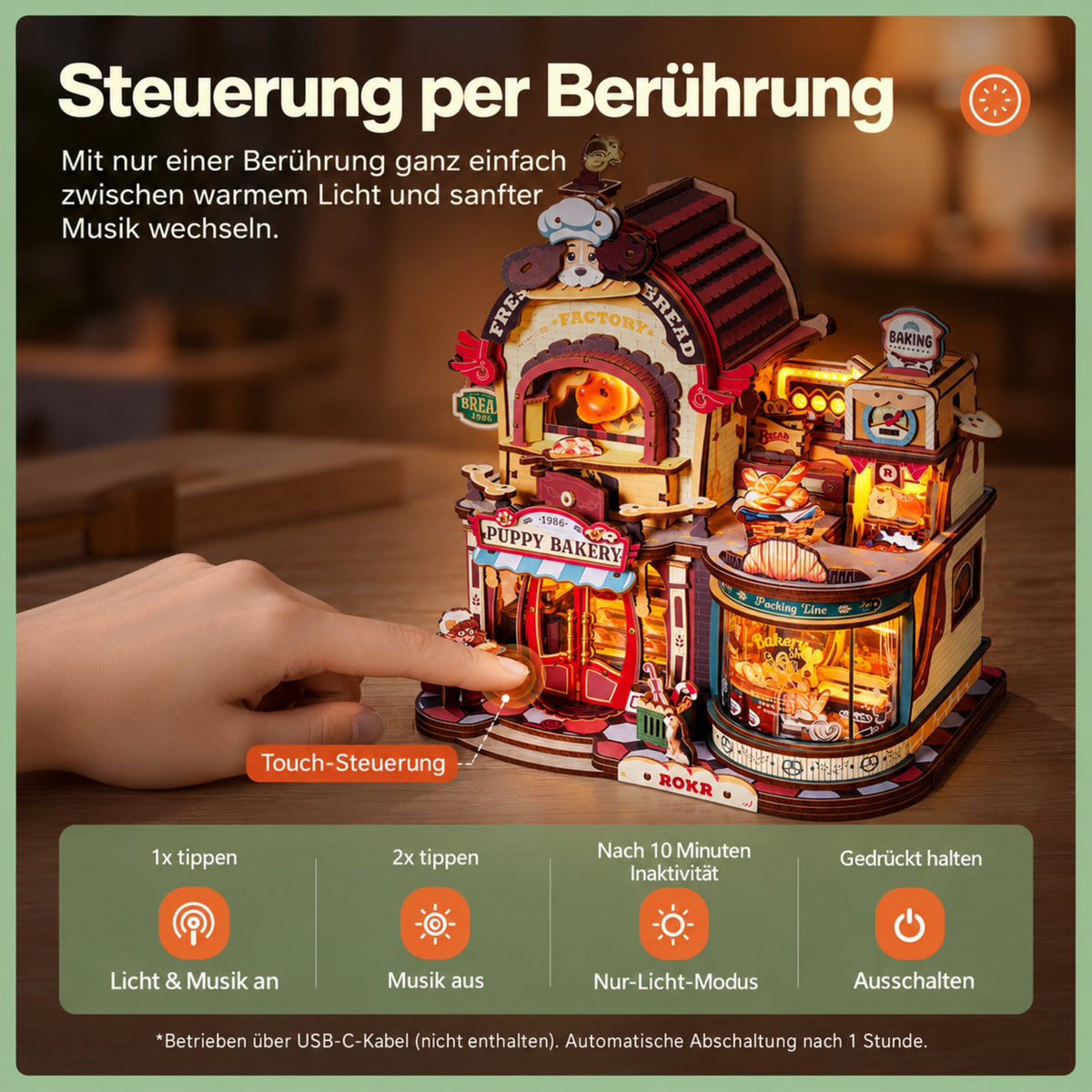 Dream Bread Factory 3D -Maquette en bois avec commandes tactiles : il suffit de toucher l'écran du doigt pour allumer les lumières et lancer la musique