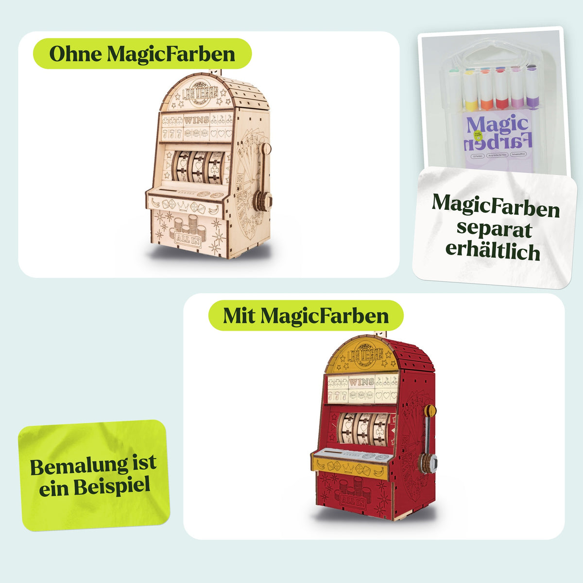 Einarmiger Bandit Holzbausatz naturbelassen und mit MagicFarben in Kirschrot, Gold und Creme bemalt (separat erhältlich)