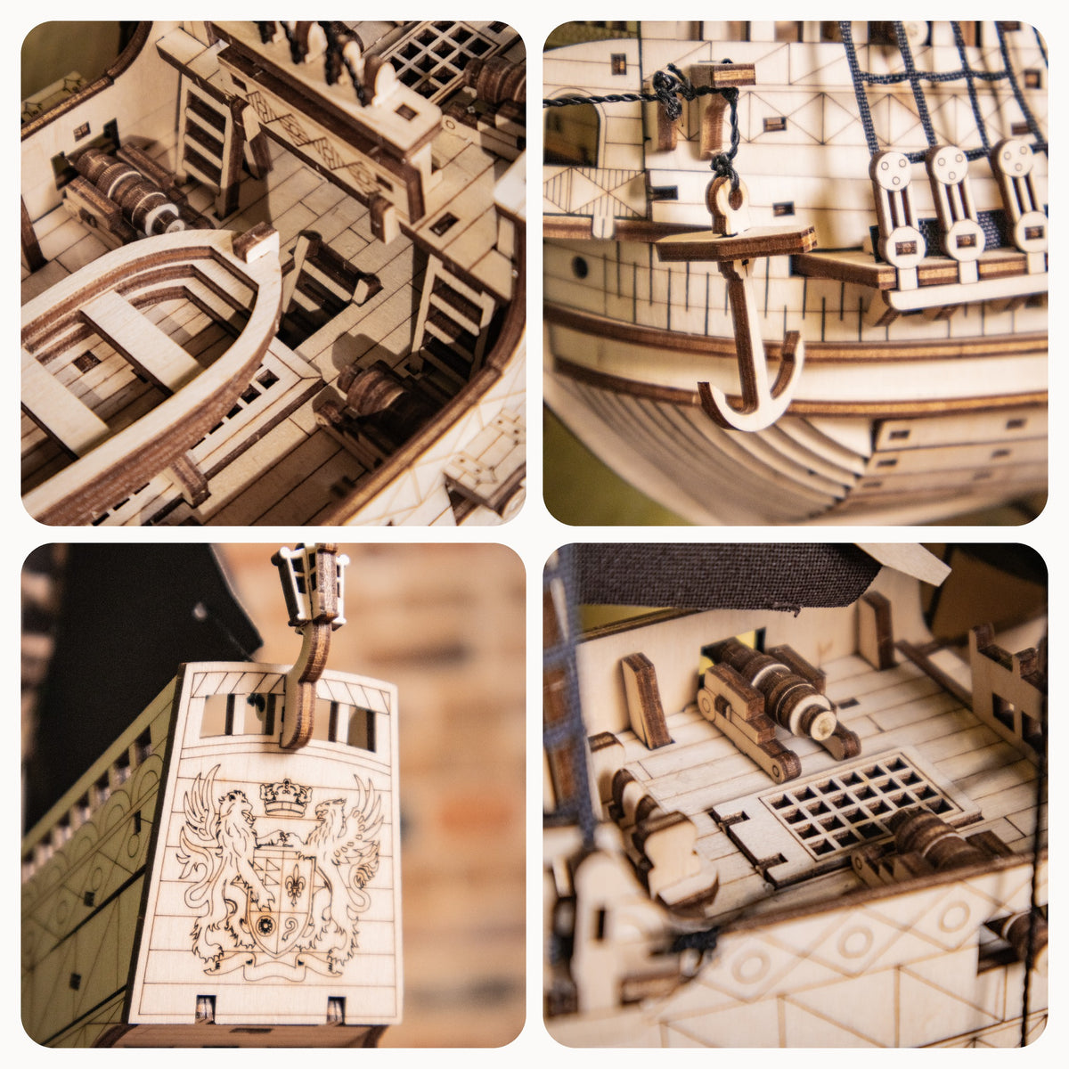 Lord of the Seas Wooden Model Kit, Close-ups: Dinghy, Anchor, Coat of Arms on the Stern, Cannon, and Deck Grating