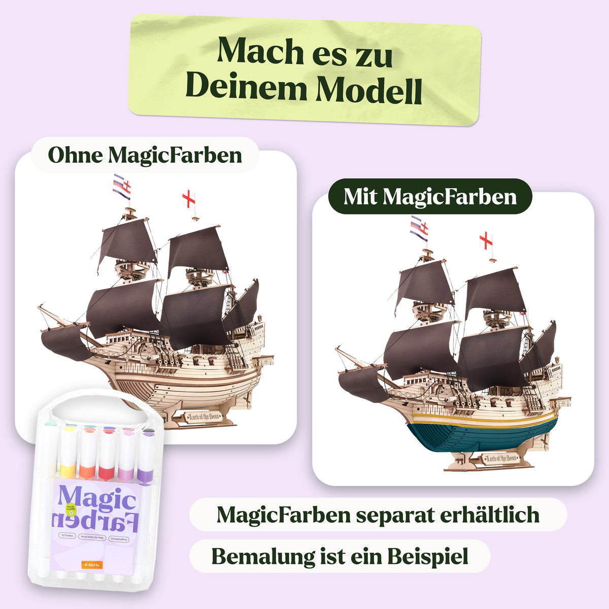 Lord of the Seas Wooden Model Kit: left side left natural, right side painted with MagicPaints (sold separately)