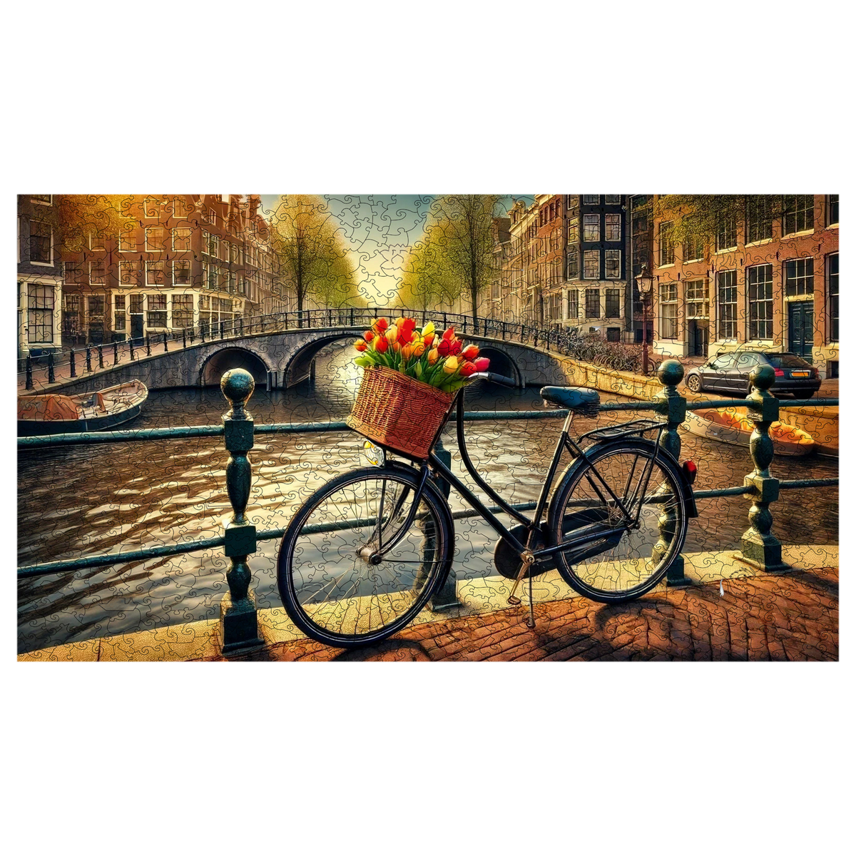 Puzzle en bois « Vélo à Amsterdam », puzzle assemblé, isolé sur fond blanc