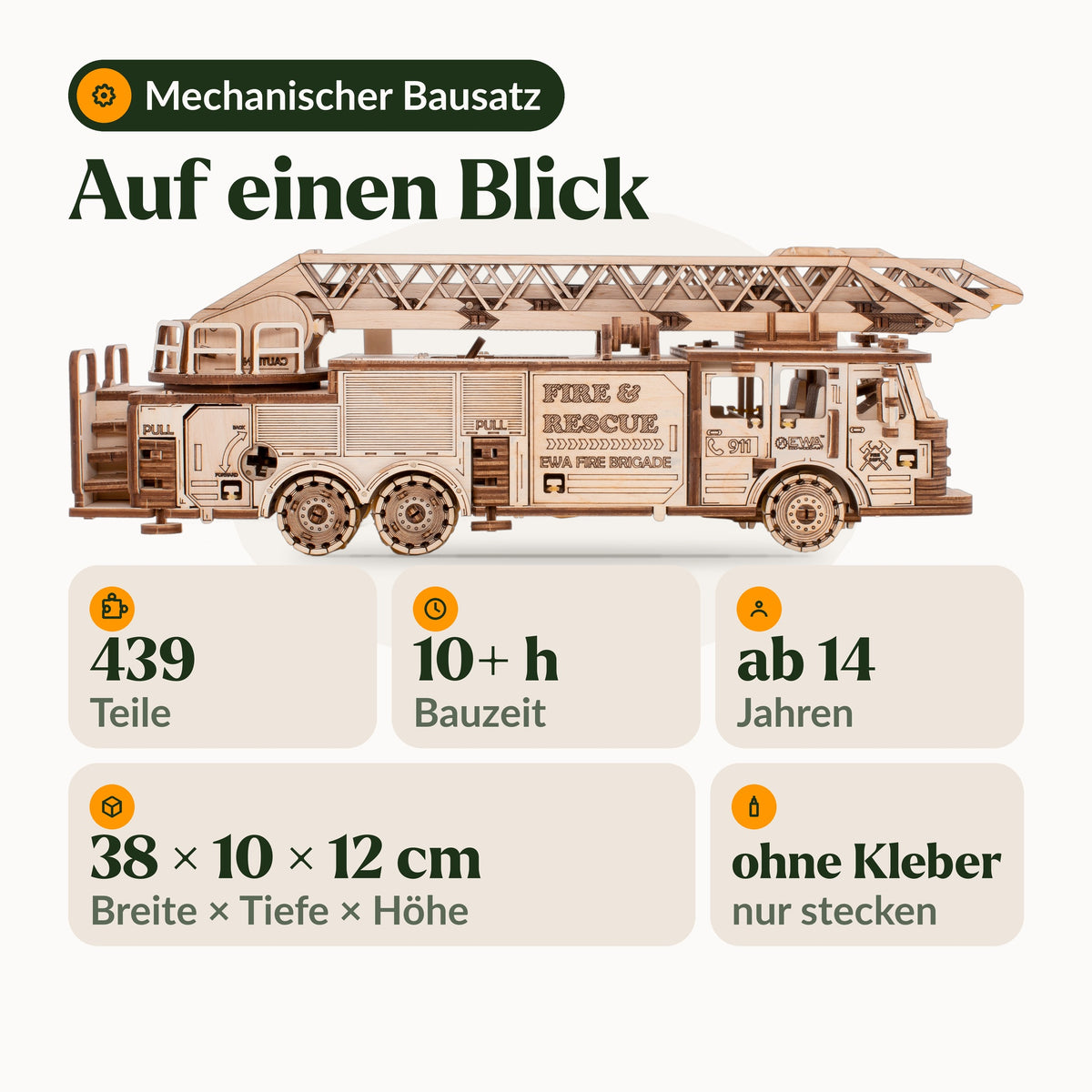 Mechanischer LKW Feuerwehrauto Holzbausatz, auf einen Blick: 439 Teile, ab 14 Jahren, 38 × 10 × 12 cm, ohne Kleber