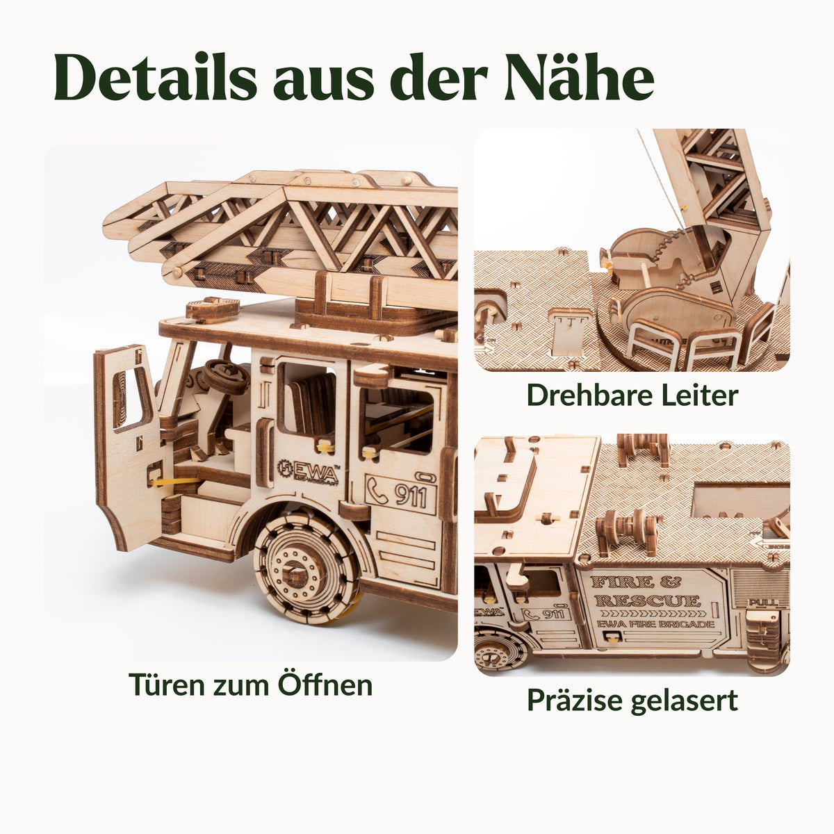 Mechanischer LKW Feuerwehrauto Holzbausatz, Details: offene Fahrertür, Drehkranz der Leiter, gelaserte Gravur