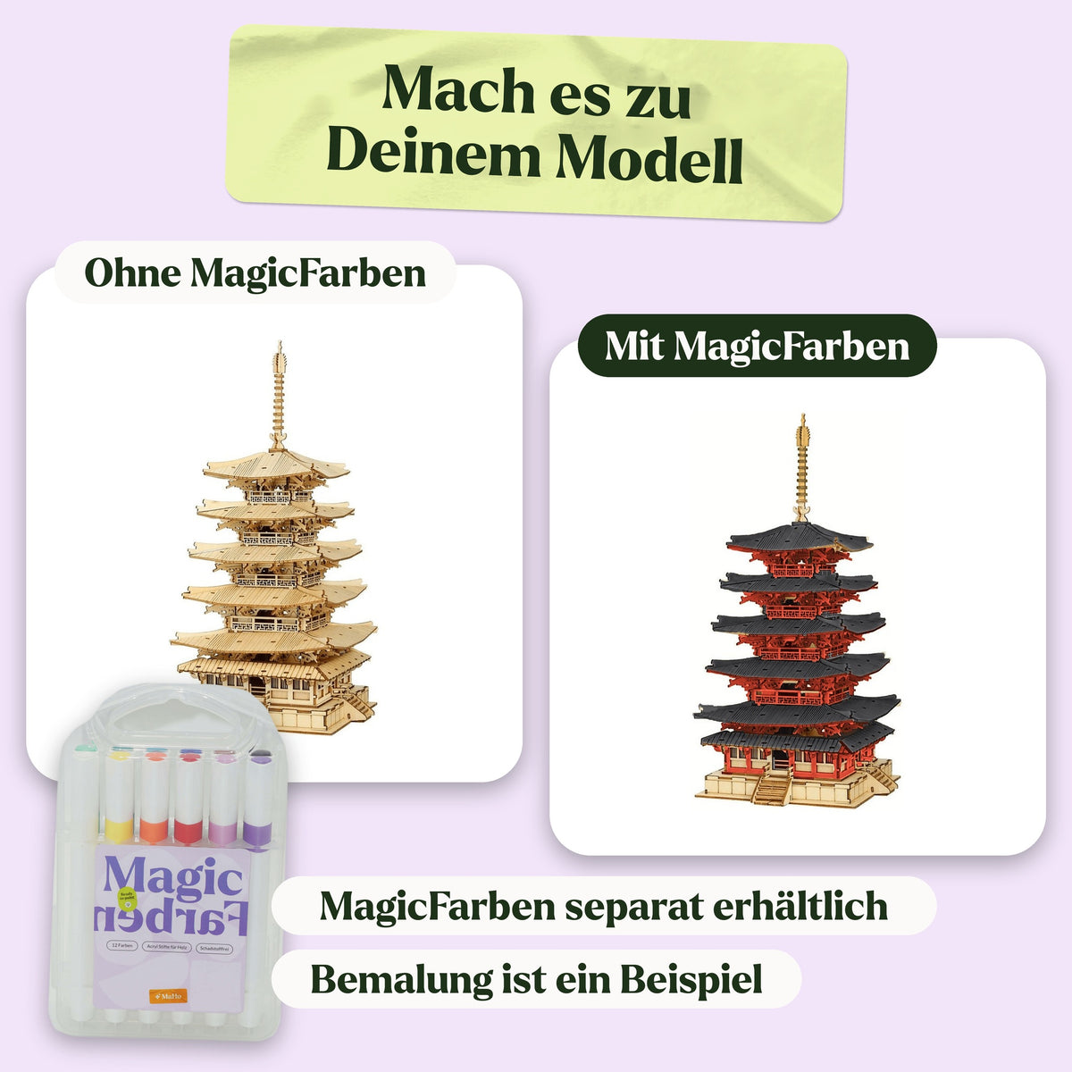 Houten bouwpakket voor een pagode met vijf verdiepingen, in natuurlijke staat en als voorbeeld beschilderd met MagicFarben (MagicFarben apart verkrijgbaar)