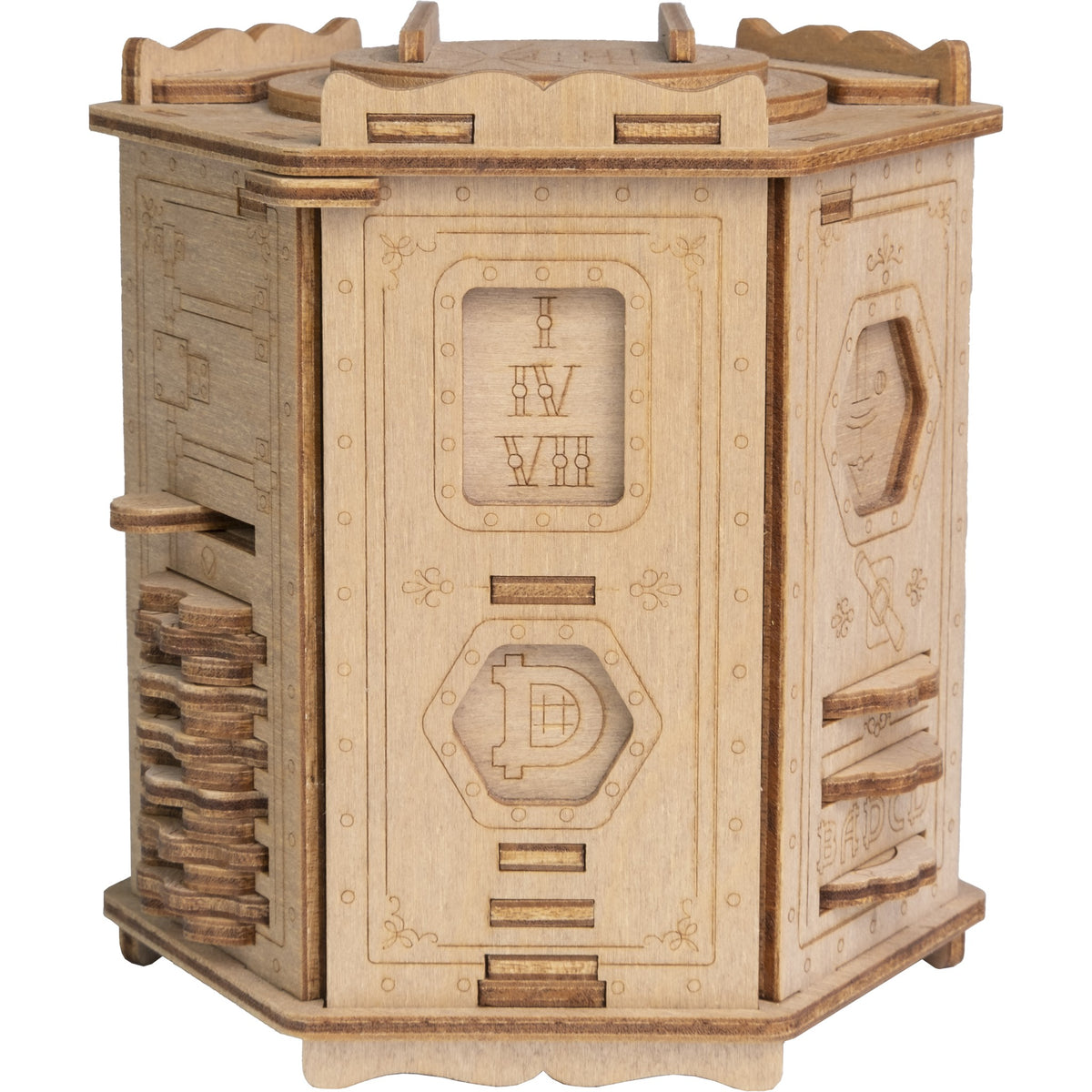 Boîte à casse-têtes Fort Knox Pro sur fond blanc : boîte hexagonale en bois de bouleau avec des gravures et des glissières