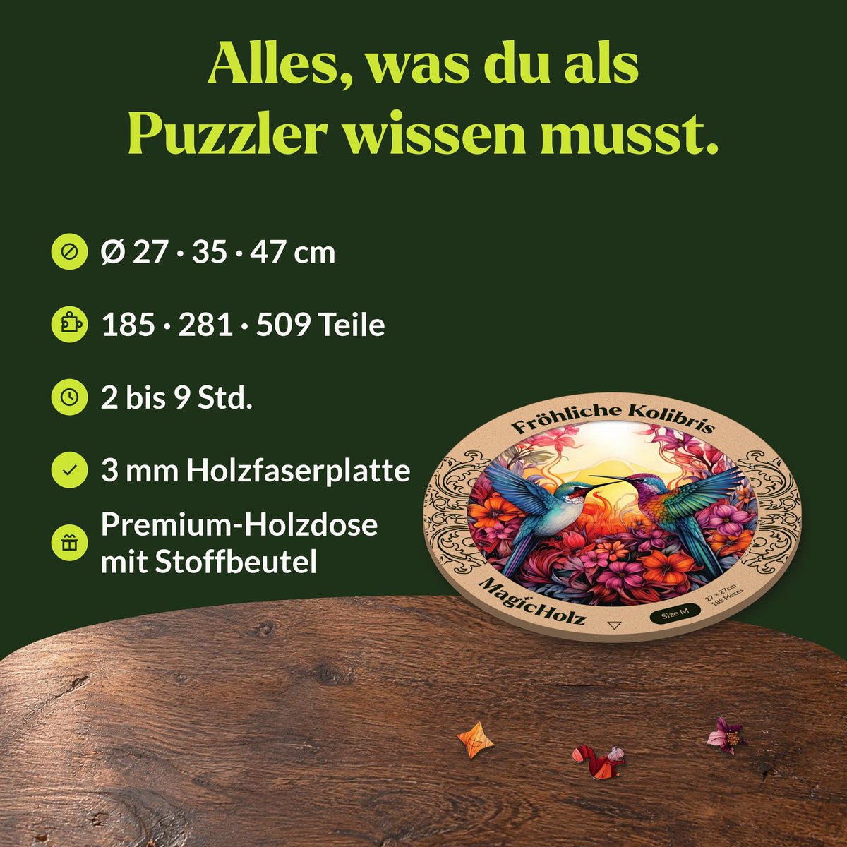 Cheerful Hummingbirds Mandala Wooden Puzzle, Details: Ø 27, 35, and 47 cm, 185 to 509 pieces, premium wooden box with fabric pouch