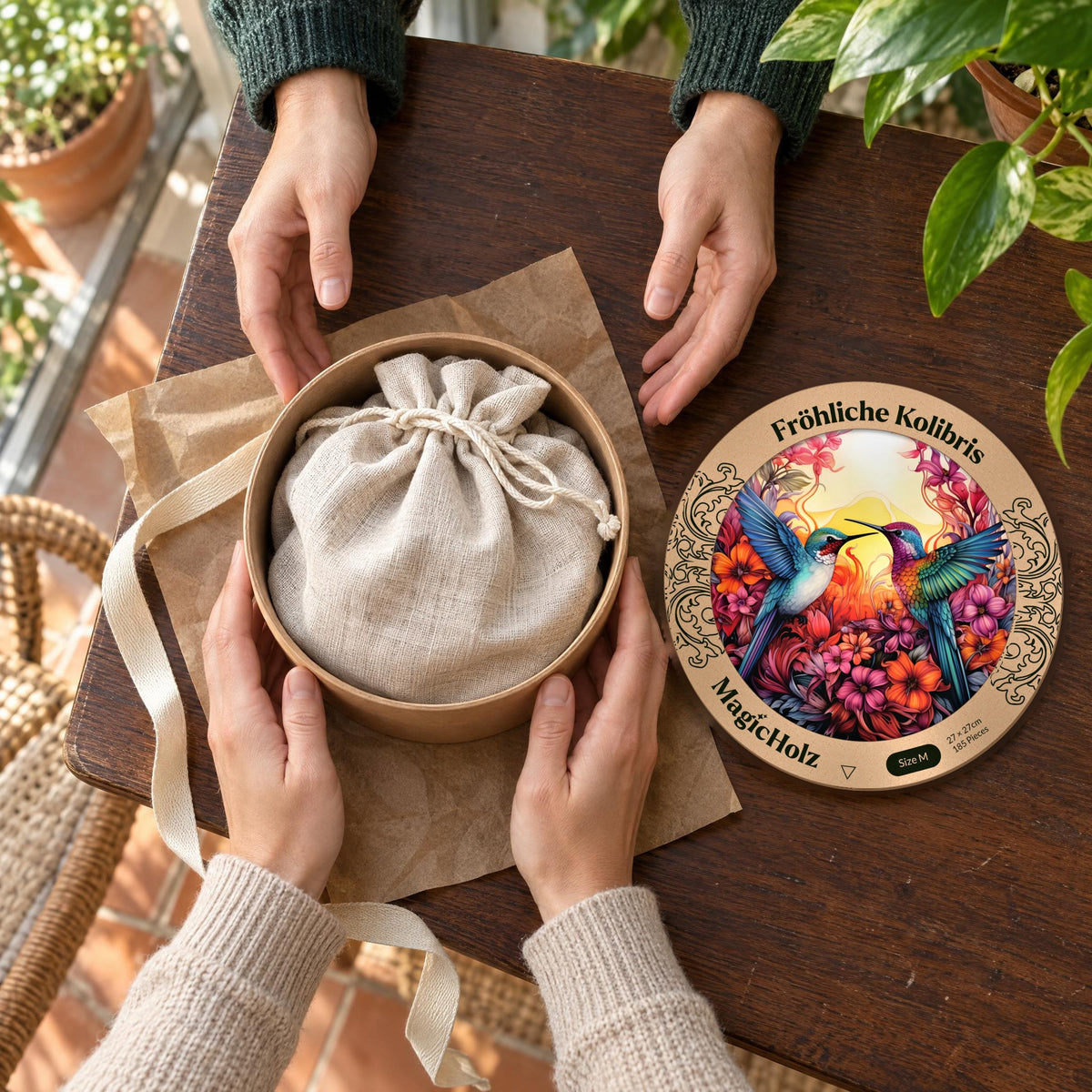 "Cheerful Hummingbirds Mandala" Wooden Puzzle, open round wooden box with a linen pouch and a hummingbird-themed lid—being given away