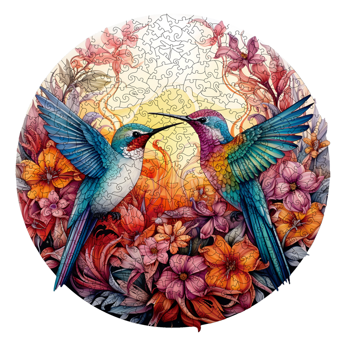 "Cheerful Hummingbirds" Mandala Wooden Puzzle, finished round puzzle shown on a white background