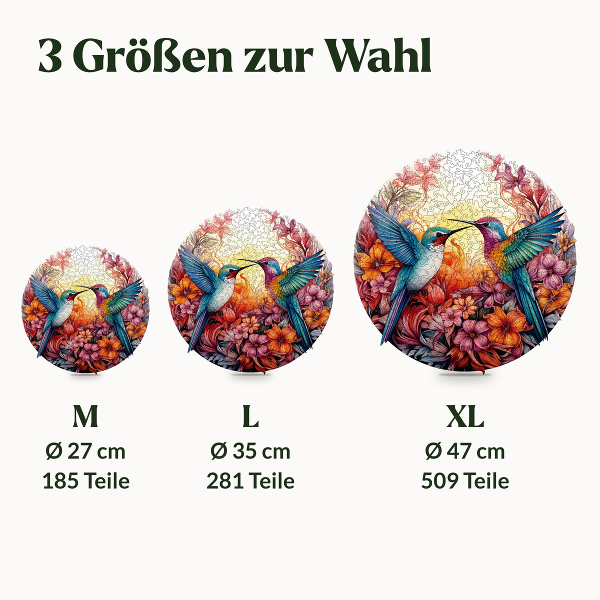 "Cheerful Hummingbirds" Mandala Wooden Puzzle, three sizes to scale: M (Ø 27 cm), L (Ø 35 cm), and XL (Ø 47 cm), with number of pieces