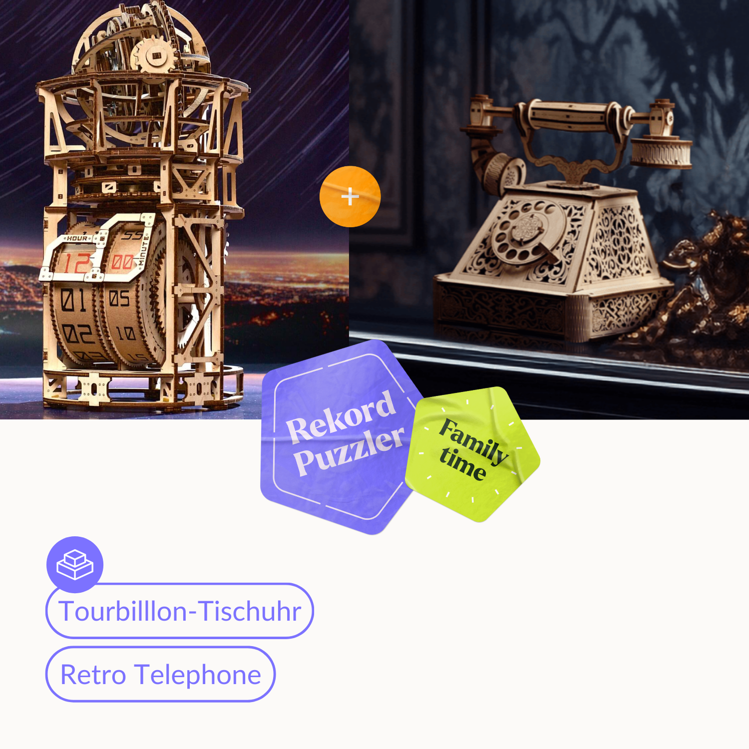 Tourbilllon table clock Stargazer-Mechanical wooden puzzle-Ugears-TourbillonRetroPhone-
