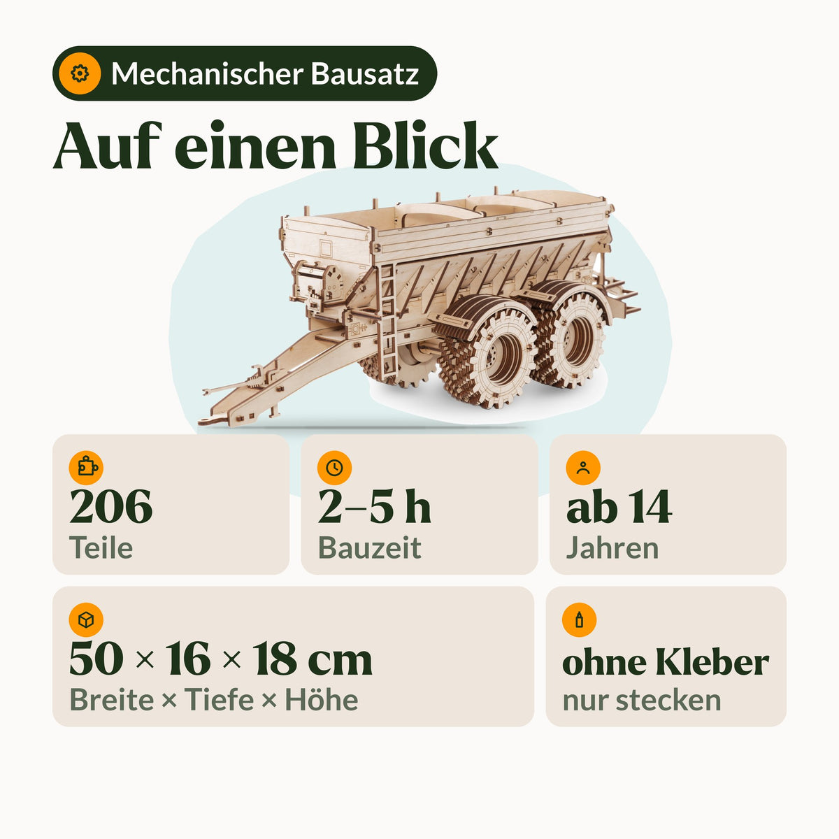 Aanhangwagen voor de Kirovets K-7M-houten bouwdoos, infographic: 206 onderdelen, 2–5 uur bouwtijd, vanaf 14 jaar, zonder lijm