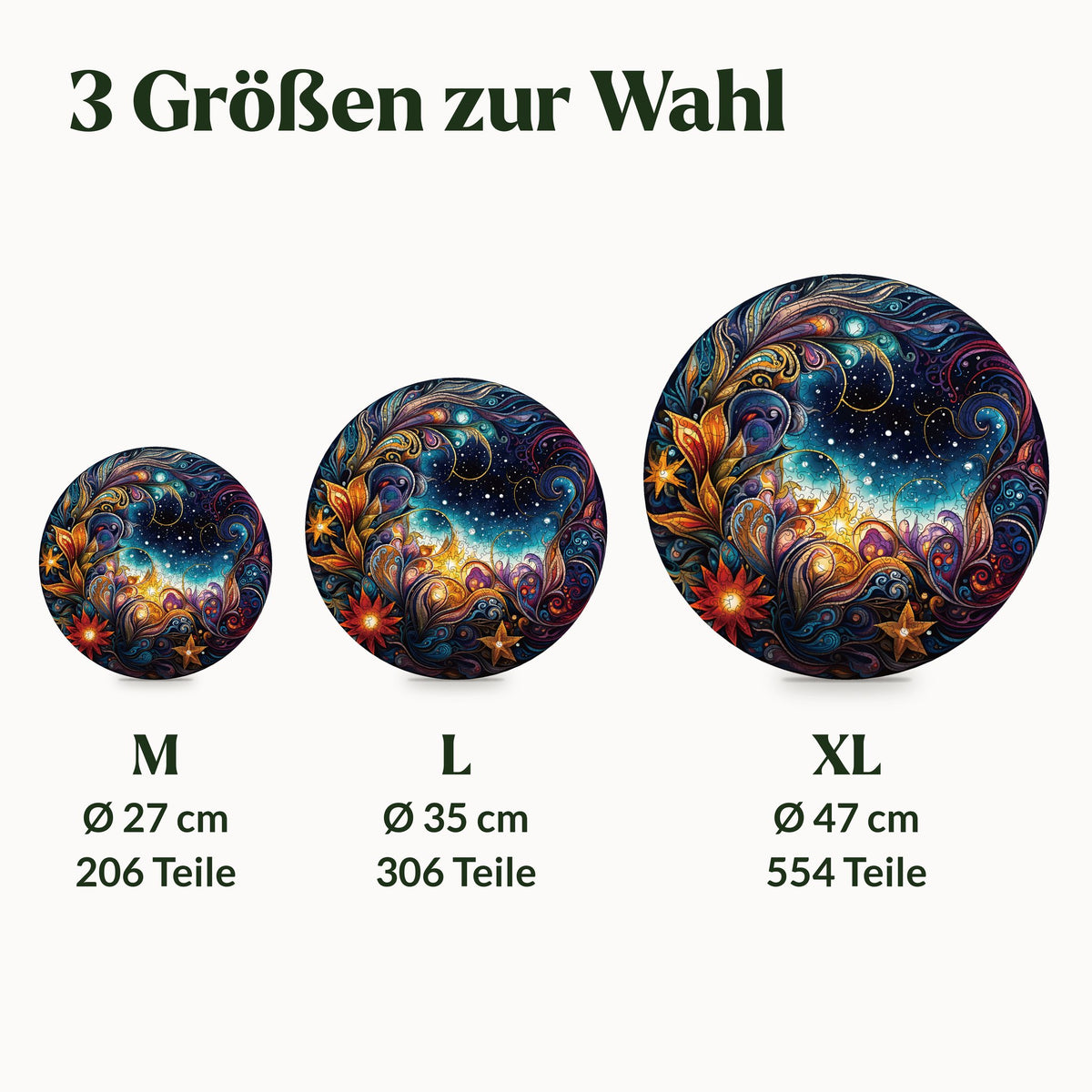 Cosmic Flowers Mandala Wooden Puzzle, three sizes to scale: M Ø 27 cm, L Ø 35 cm, and XL Ø 47 cm, with number of pieces
