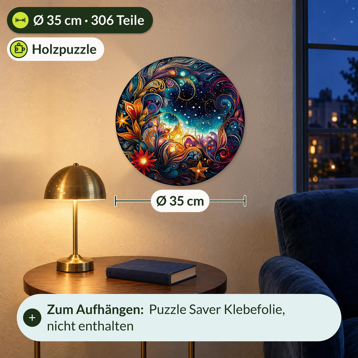 "Cosmic Flowers" Mandala Wooden Puzzle, Size L (35 cm in diameter) with 306 pieces, hanging on the wall above a side table