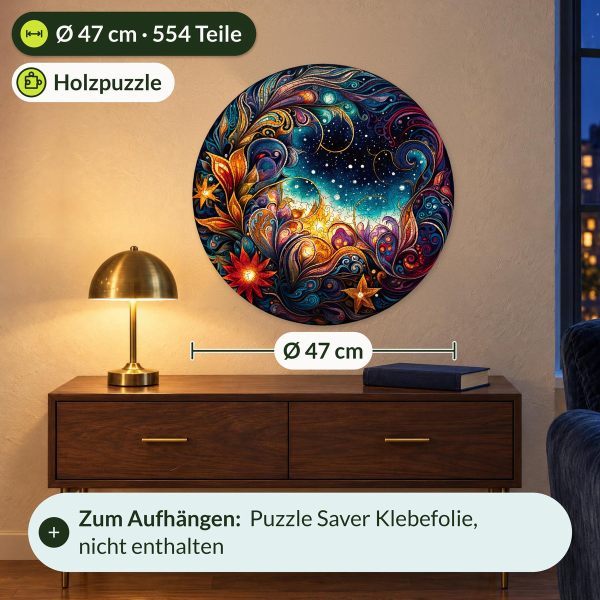 "Cosmic Flowers" Mandala Wooden Puzzle, XL size with a diameter of 47 cm and 554 pieces, hanging on the wall above a console table