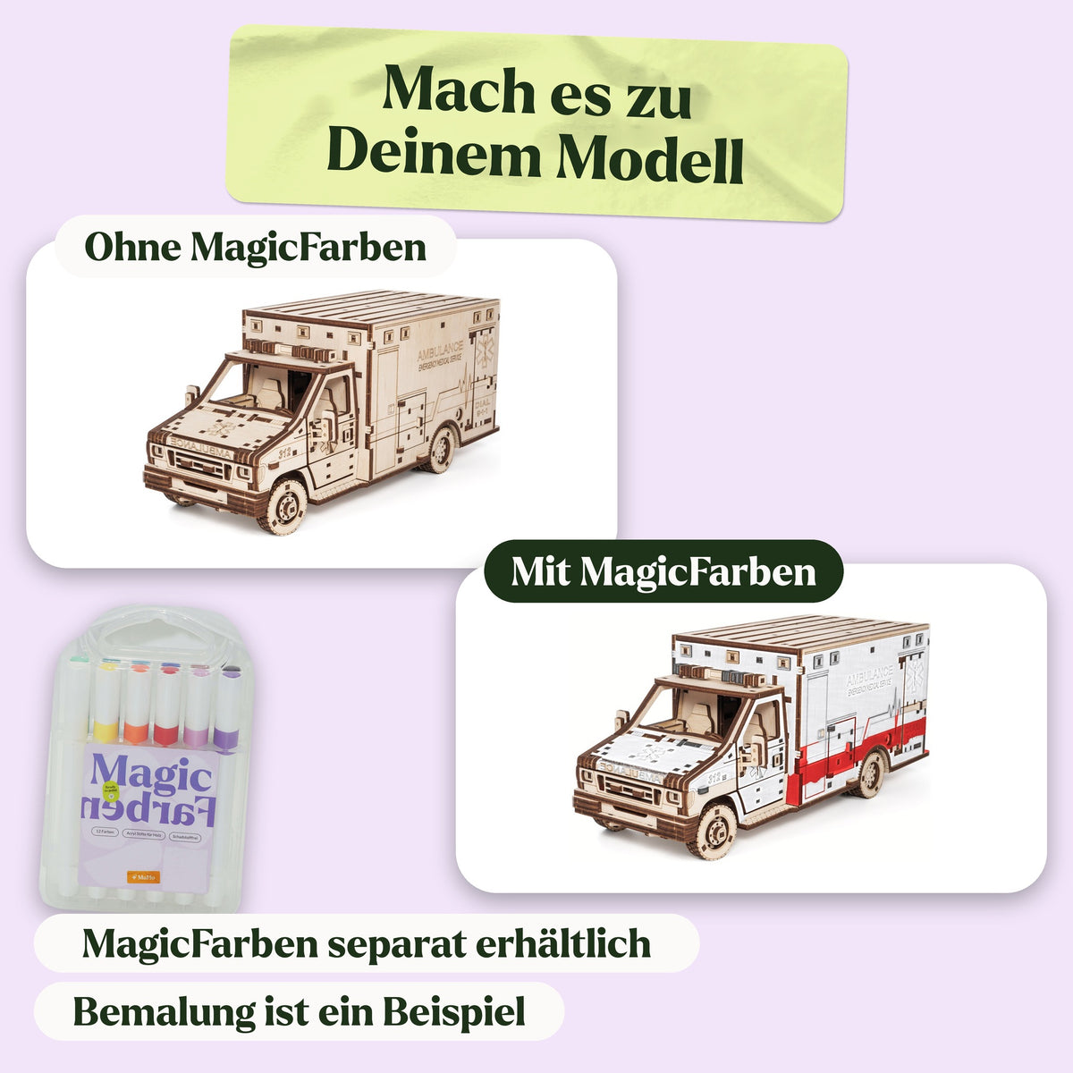 Ambulance « Maquette en bois », au look naturel et peinte à titre d'exemple avec les peintures MagicFarben (peintures MagicFarben vendues séparément)