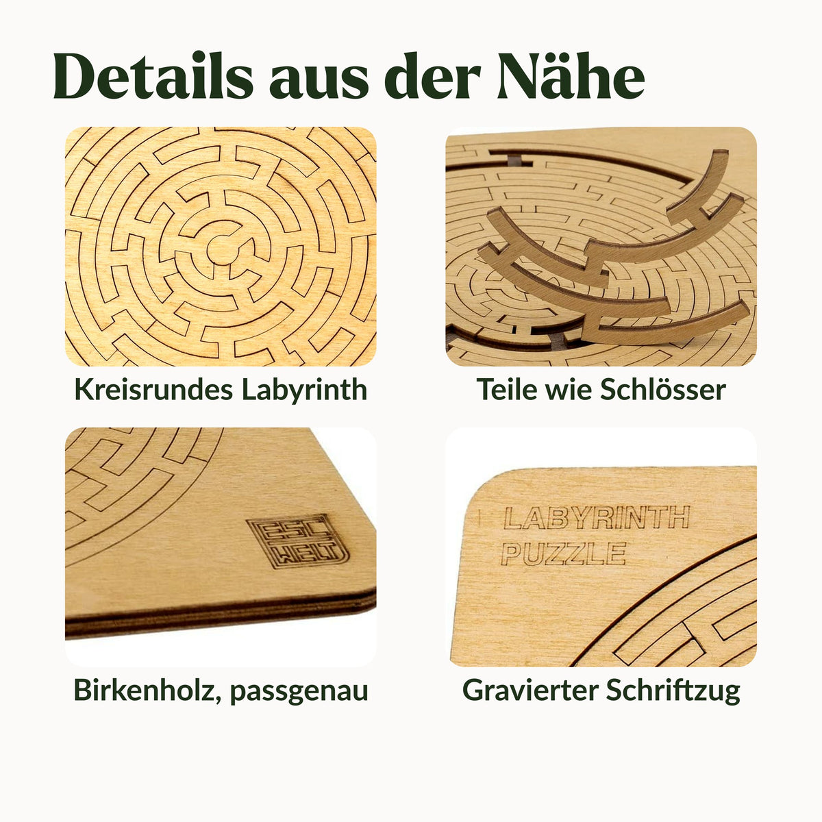 Labyrinth Puzzle Details: circular labyrinth, pieces shaped like locks, birch wood, engraved lettering