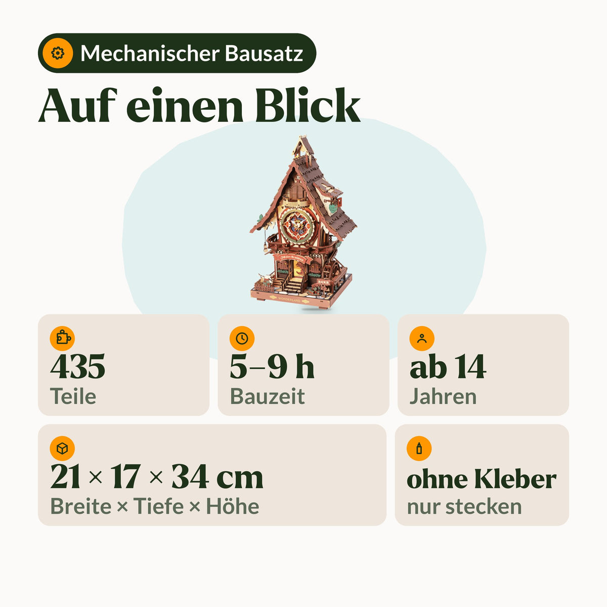Cuckoo Clock Kit, infographic with 435 pieces, 5 to 9 hours of assembly time, ages 14 and up, dimensions included, no glue required