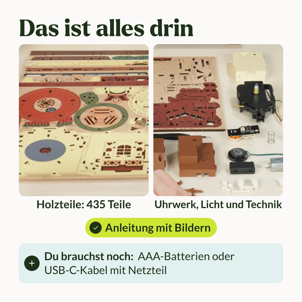 Cuckoo clock kit; includes 435 wooden pieces, a clock mechanism, and instructions; batteries or a USB-C cable are not included