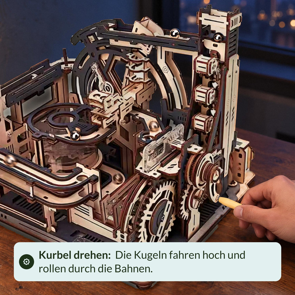 Marble Spaceport Wooden Marble Run: Turn the crank with one hand, and the marbles go up and roll through the tracks