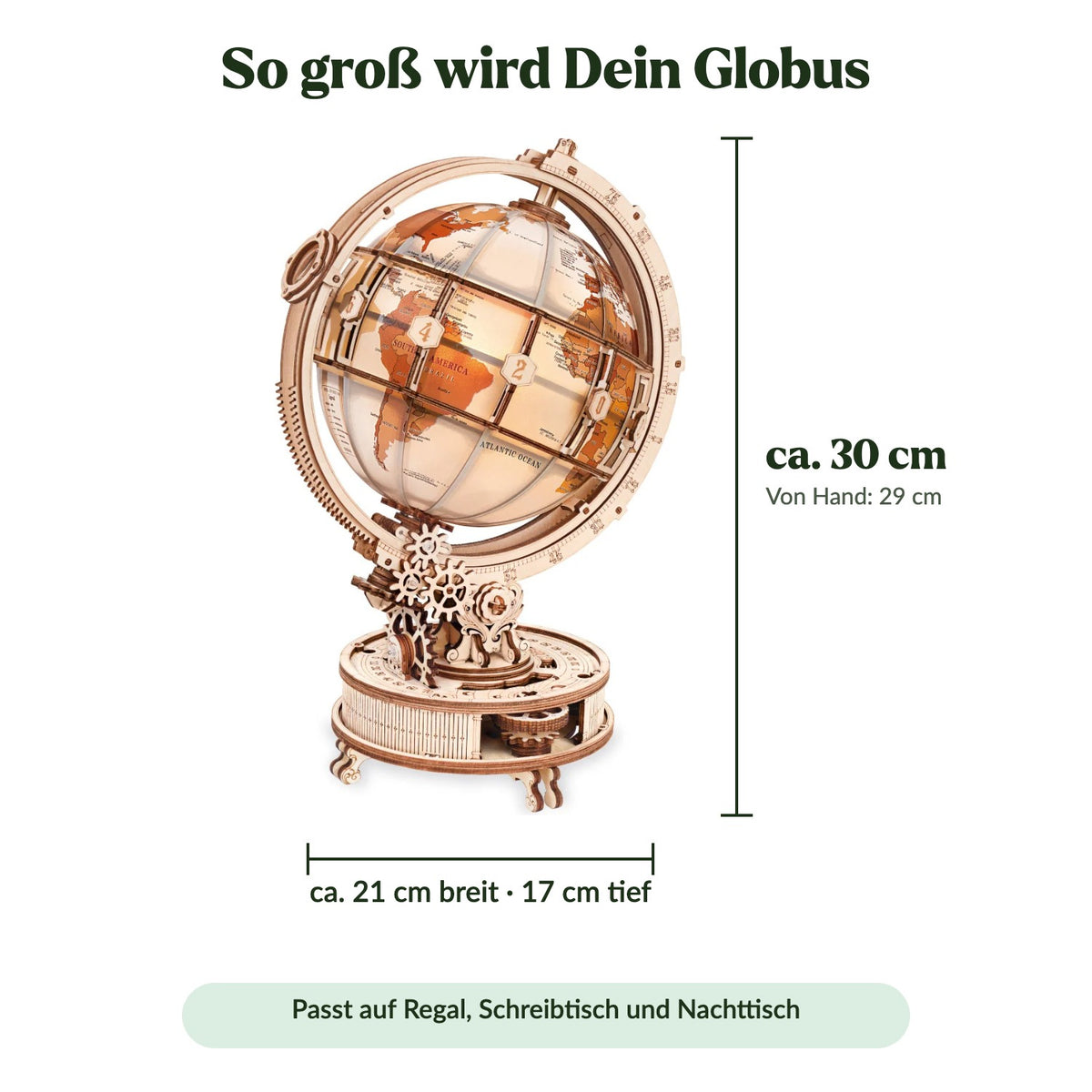 Dimensions du globe lumineux : environ 30 cm de haut, 21 cm de large et 17 cm de profondeur