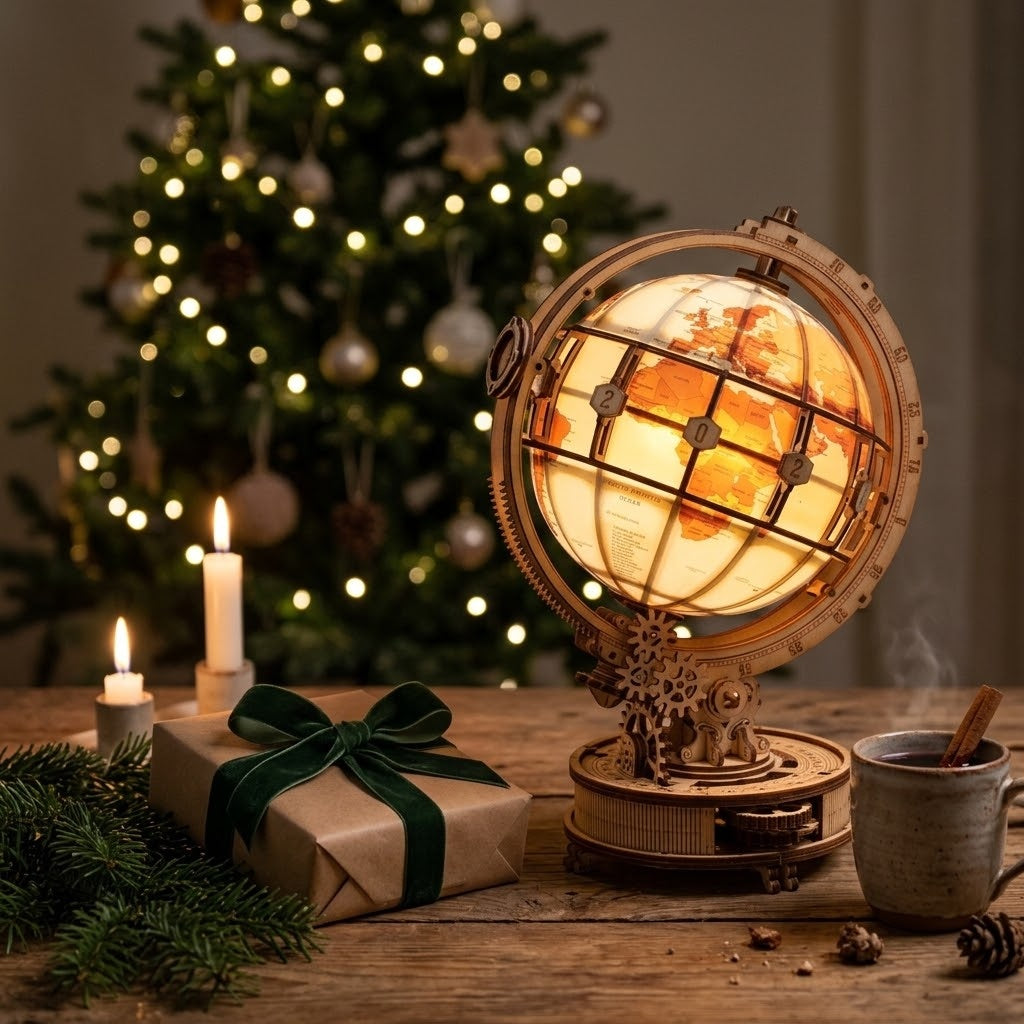 À Noël, le globe lumineux brille sur une table en bois, à côté de cadeaux, de bougies et de branches de sapin