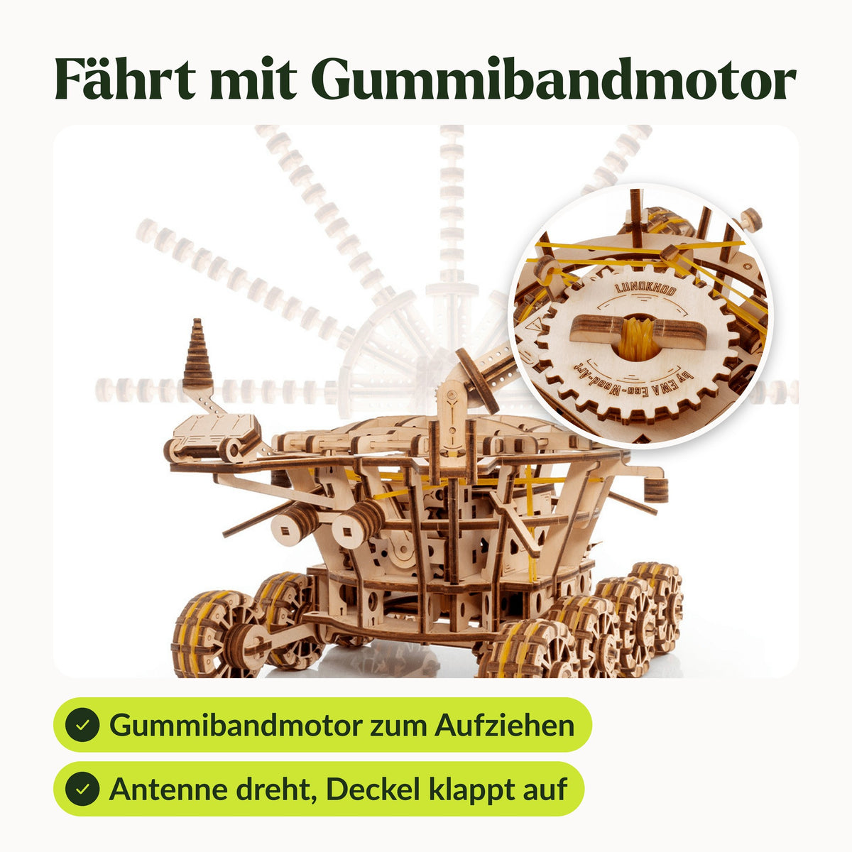 Wooden Lunokhod moon rover with a rubber-band wind-up motor; the antenna rotates and the lid opens