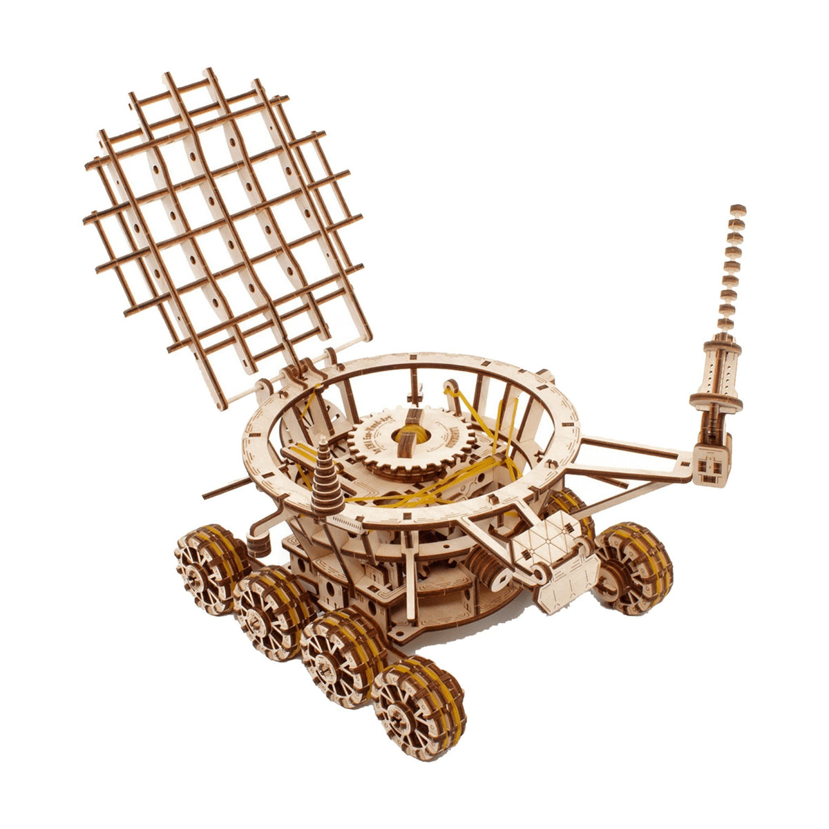 Eco-Wood-Art Lunokhod Moon Rover kit, fully assembled from wood on a white background, with the dish open