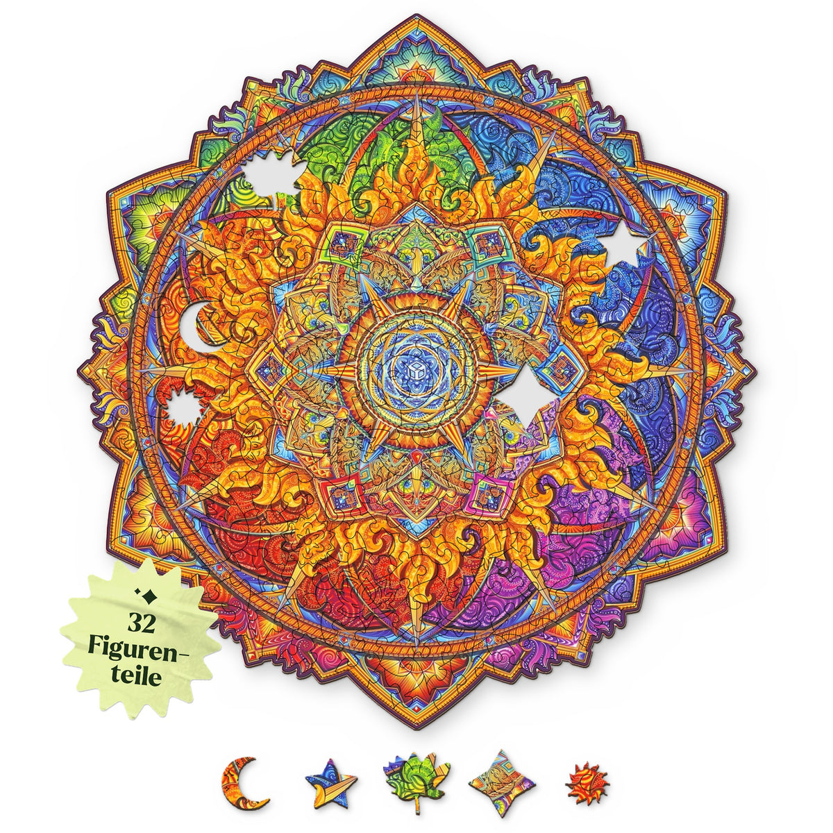 Mandala "Rising Sun" Wooden Puzzle, star shape on top in white, with figures such as a crescent moon, star, and sun below