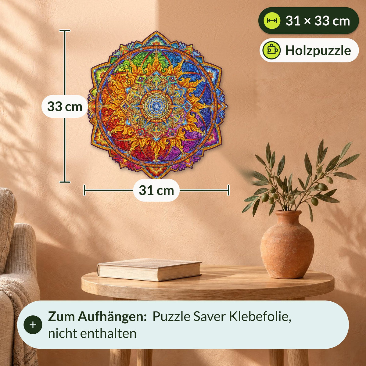 "Rising Sun" Mandala Wooden Puzzle, 31 x 33 cm, on a terracotta wall above a round side table, with measurement lines