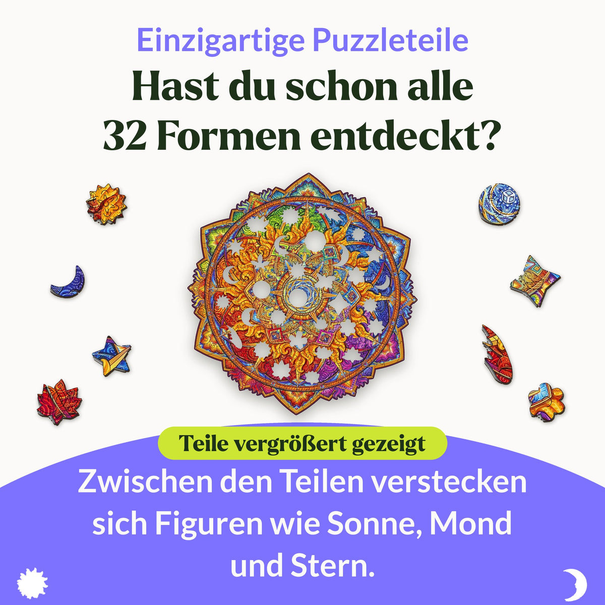 Mandala Rising Sun Wooden Puzzle, 32 pieces including suns, moons, stars, and leaves surrounding the design