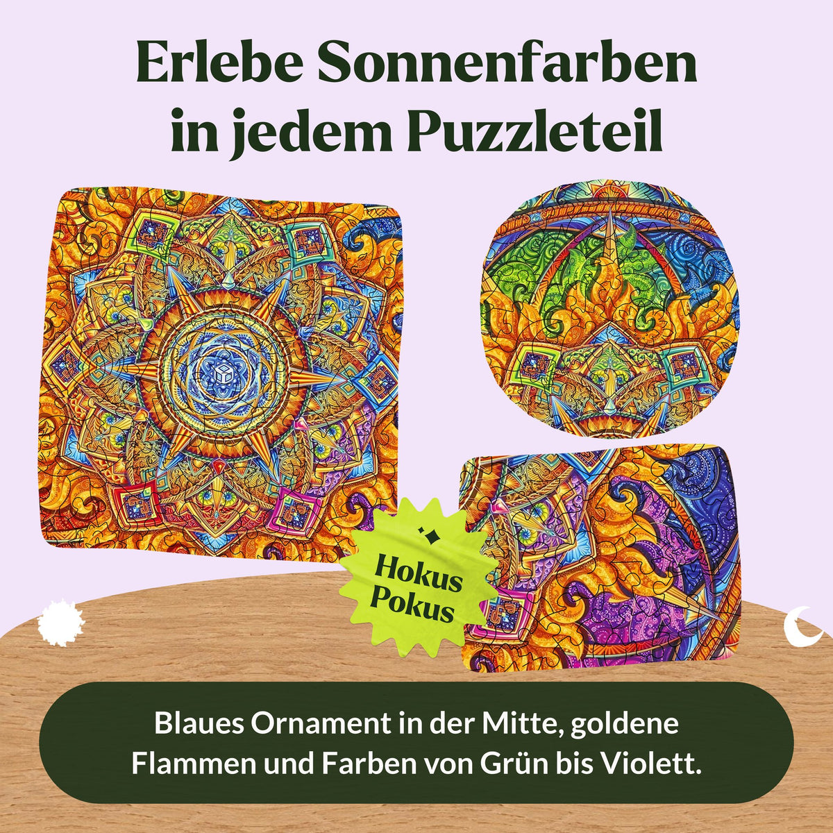Mandala "Rising Sun" Wooden Puzzle, featuring blue ornamentation, golden flames, and colors ranging from green to violet