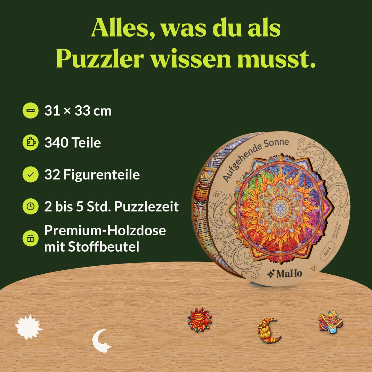 Mandala Rising Sun Wooden Puzzle, 31 x 33 cm, 340 pieces, 32 figure pieces, round premium wooden box with fabric pouch