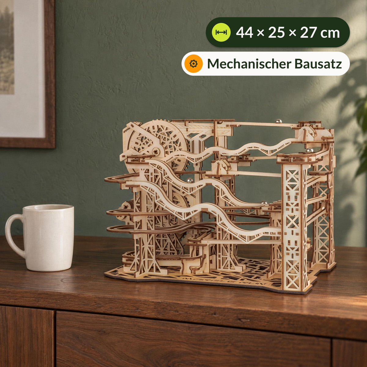 Cyclone Marble Run wooden marble run, measuring 44 × 25 × 27 cm, next to a coffee cup on the sideboard