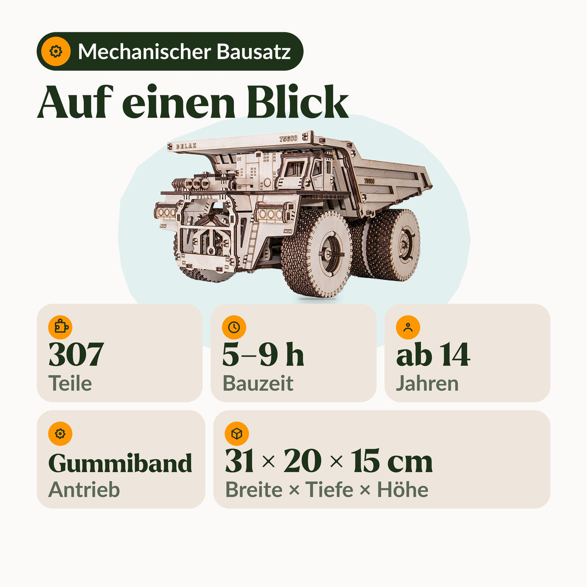 BELAZ 75600 Bausatz, Übersicht: 307 Teile, 5 bis 9 Stunden Bauzeit, ab 14 Jahren, Gummiband-Antrieb, 31 × 20 × 15 cm