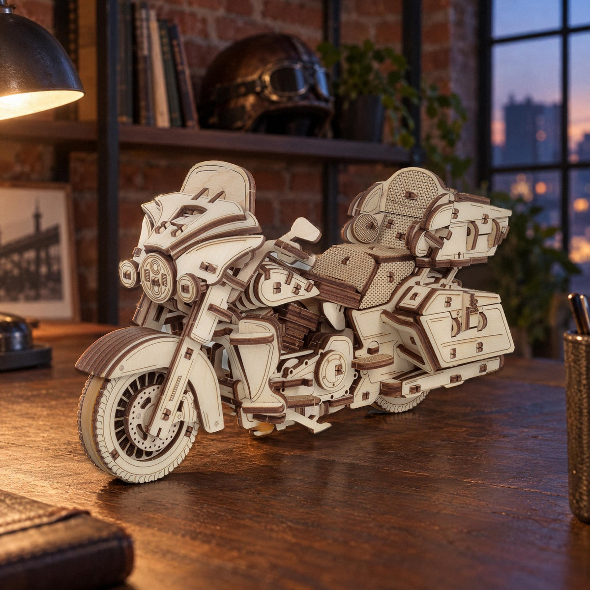 Wooden motorcycle on a walnut desk in a loft with a brick wall, at night, mechanical model kit
