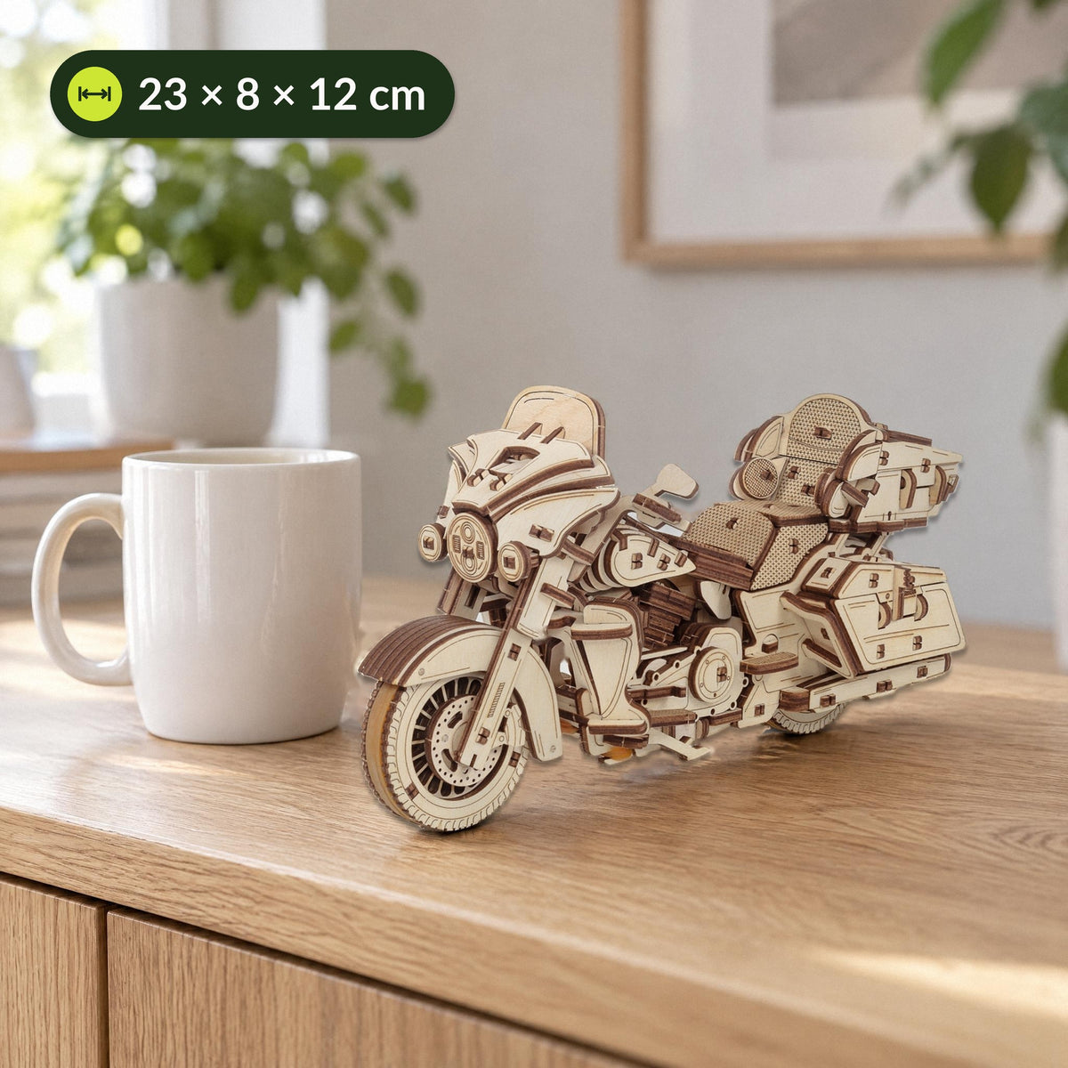 Wooden motorcycle model next to a coffee cup on the sideboard, 23 × 8 × 12 cm, mechanical kit