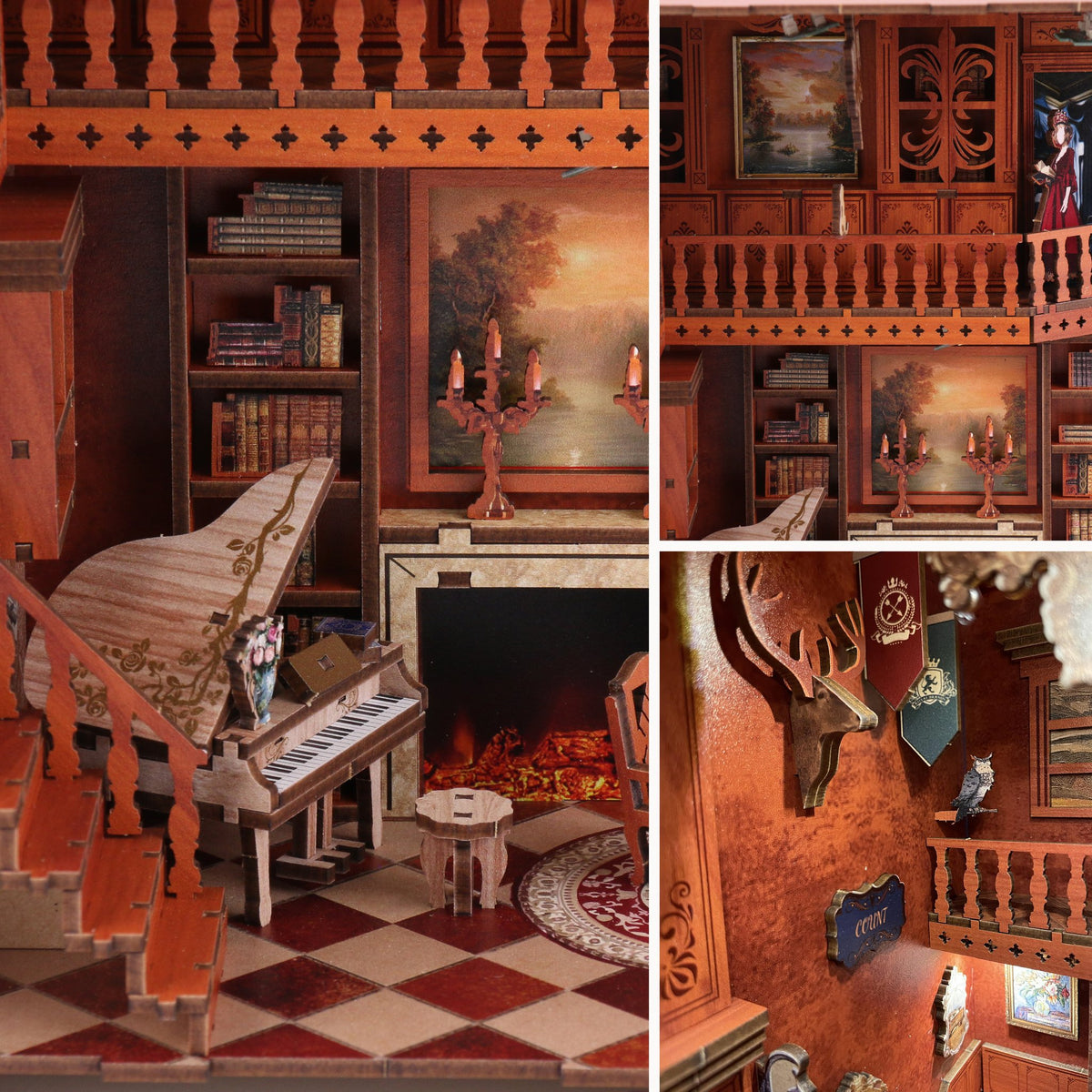 Grimm's Little House Book Nook, Interior Details: Grand Piano and Fireplace, Balcony with a Lady and a Painting, Deer Head with an Owl