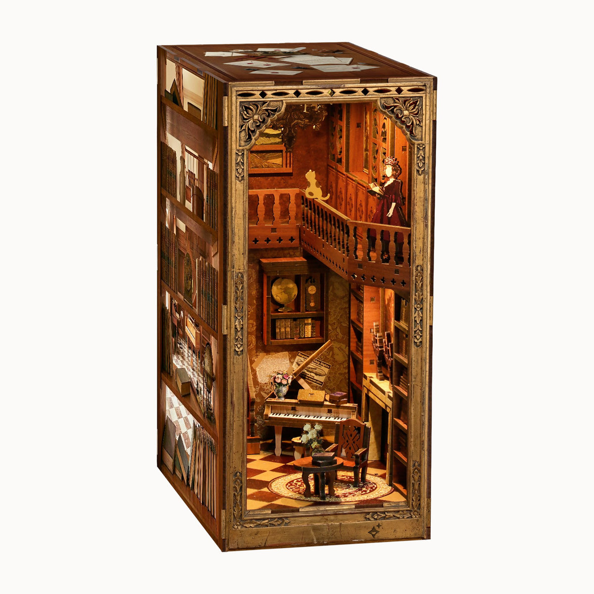 Grimm's Little House Book Nook, cutout of the completed fairy-tale house with a printed library side wall