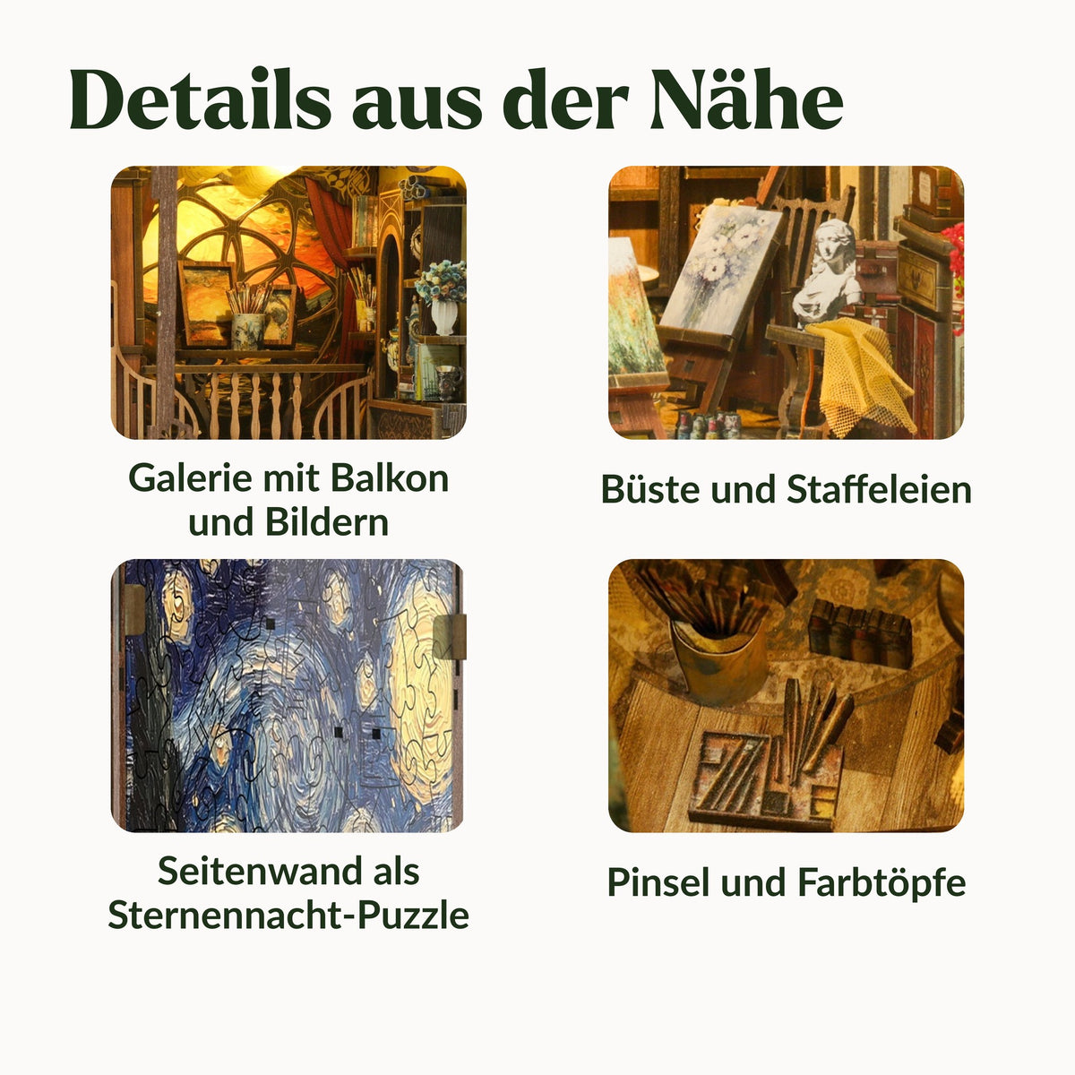 Van Gogh Book Nook | Nuit étoilée de Saint-Rémy, détails : galerie, buste avec des chevalets, paroi latérale en puzzle, pinceaux