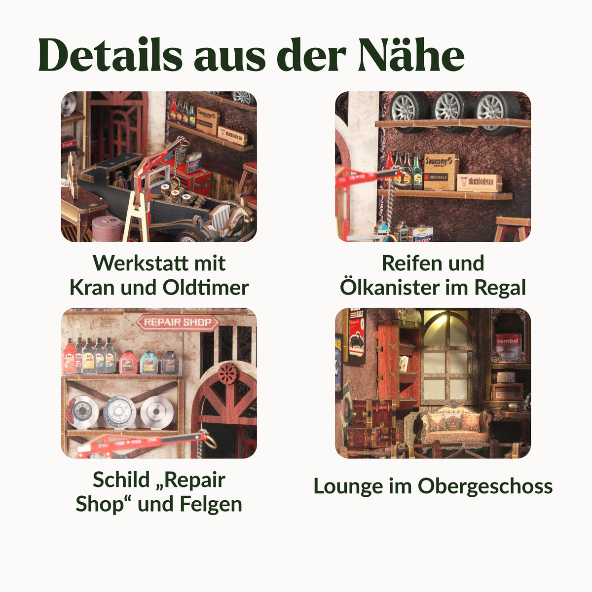 Vintage Car Mechanic Book Nook, Details: Crane and classic car, tire rack, repair shop sign, lounge upstairs