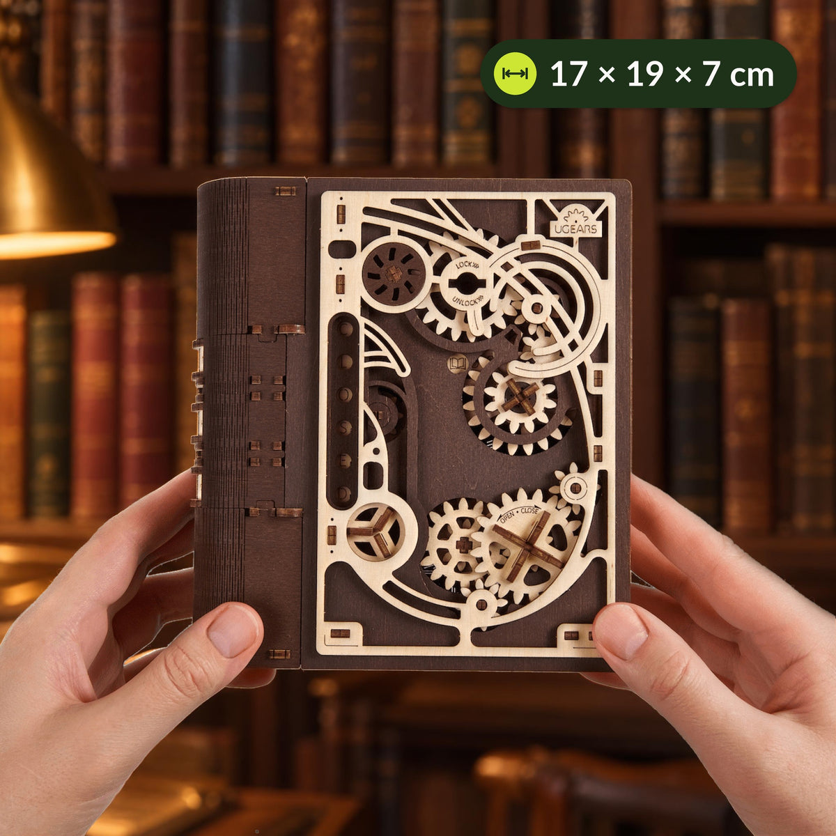 "Book of Secrets" held in two hands in front of old books on a shelf, measuring 17 × 19 × 7 cm, as big as a thick book