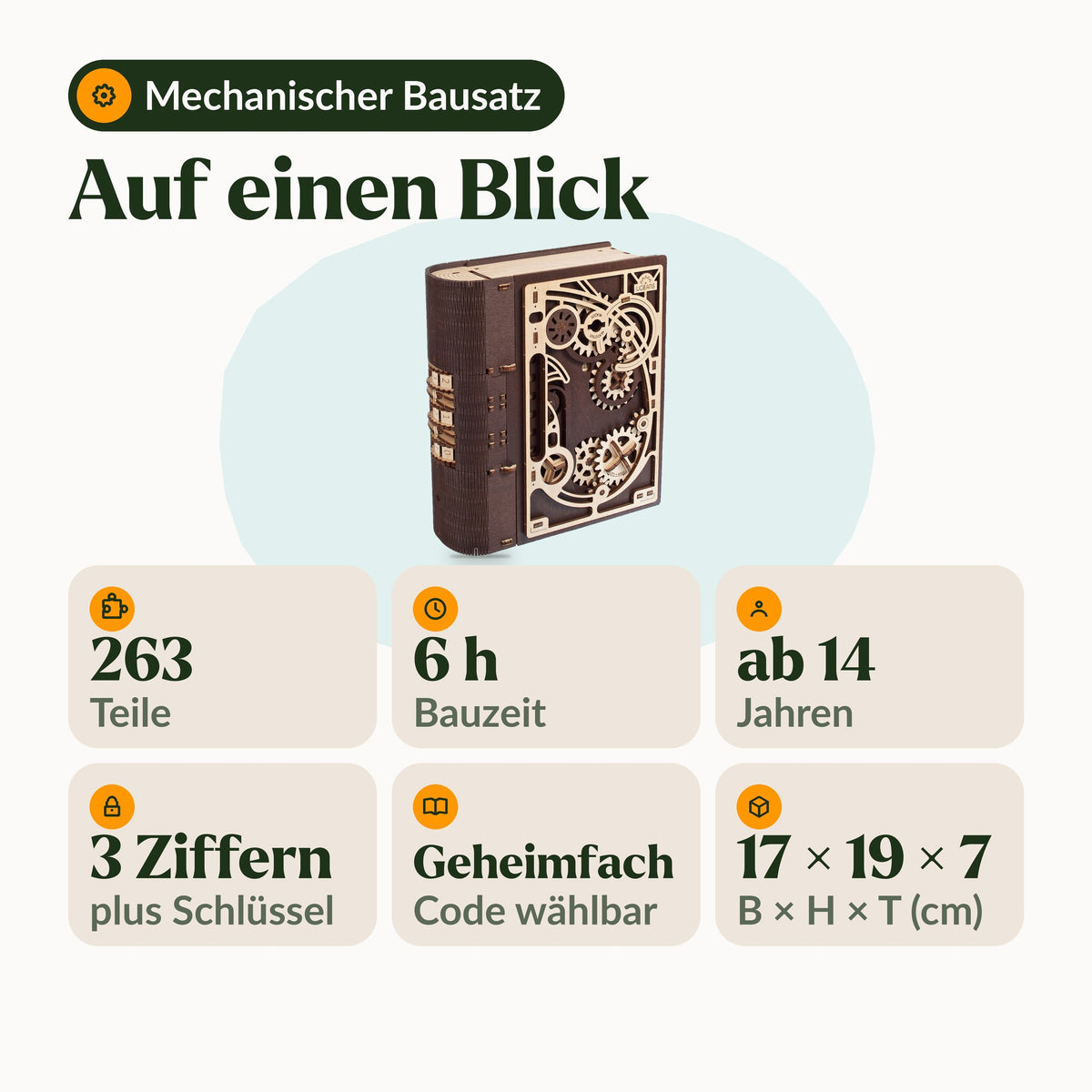 Book of Secrets at a Glance: 263 pieces, 6 hours of building time, ages 14 and up, combination lock with key, secret compartment