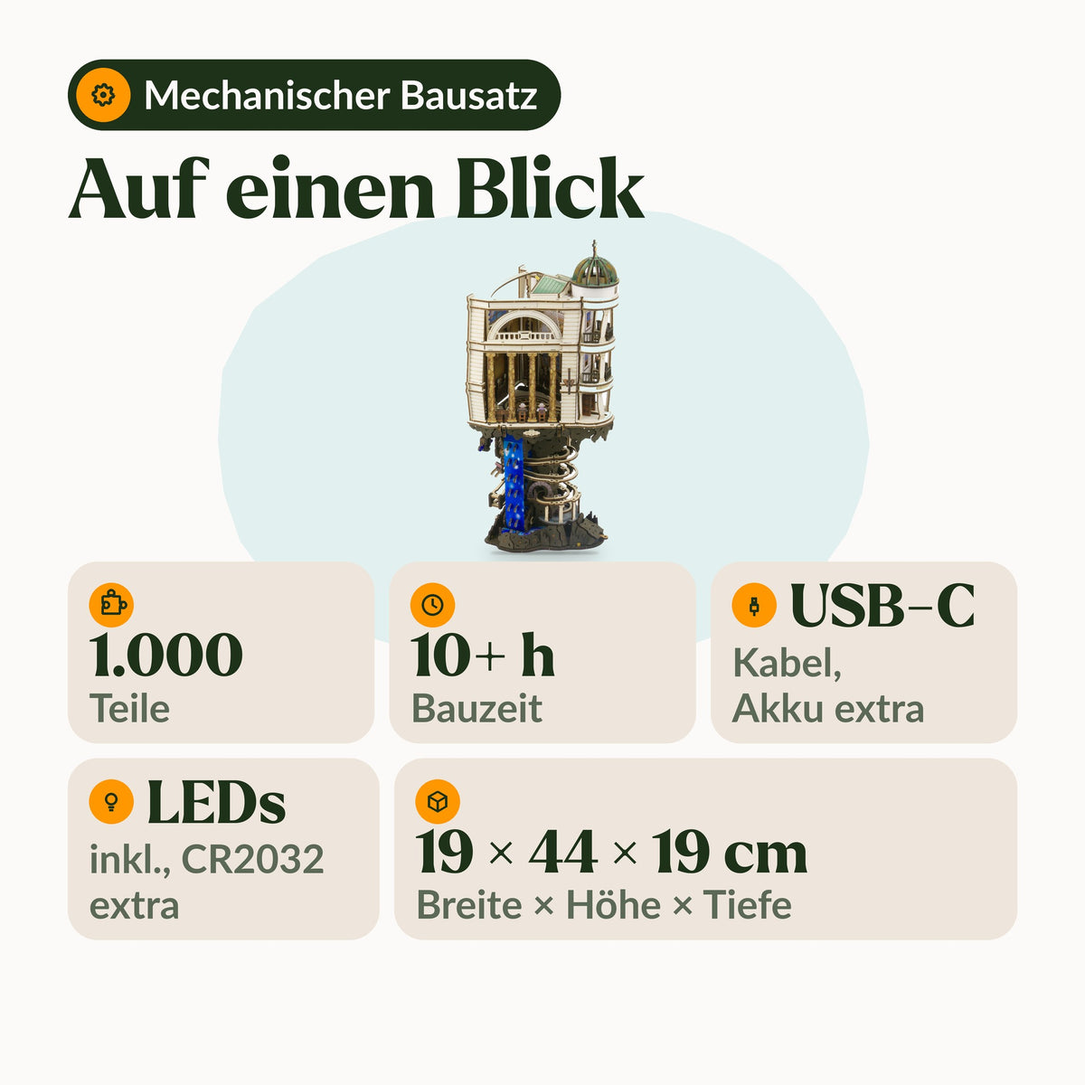 La piste à billes « Gringotts Bank » en bref : 1 000 pièces, 10 heures de montage, moteur USB-C, LED incluses, 19 x 44 x 19 cm