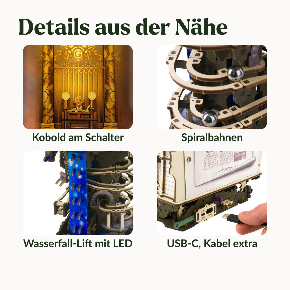 Détails du circuit à billes « Banque Gringotts » : un lutin au guichet, des pistes en spirale avec des billes, un ascenseur en cascade et un port USB-C