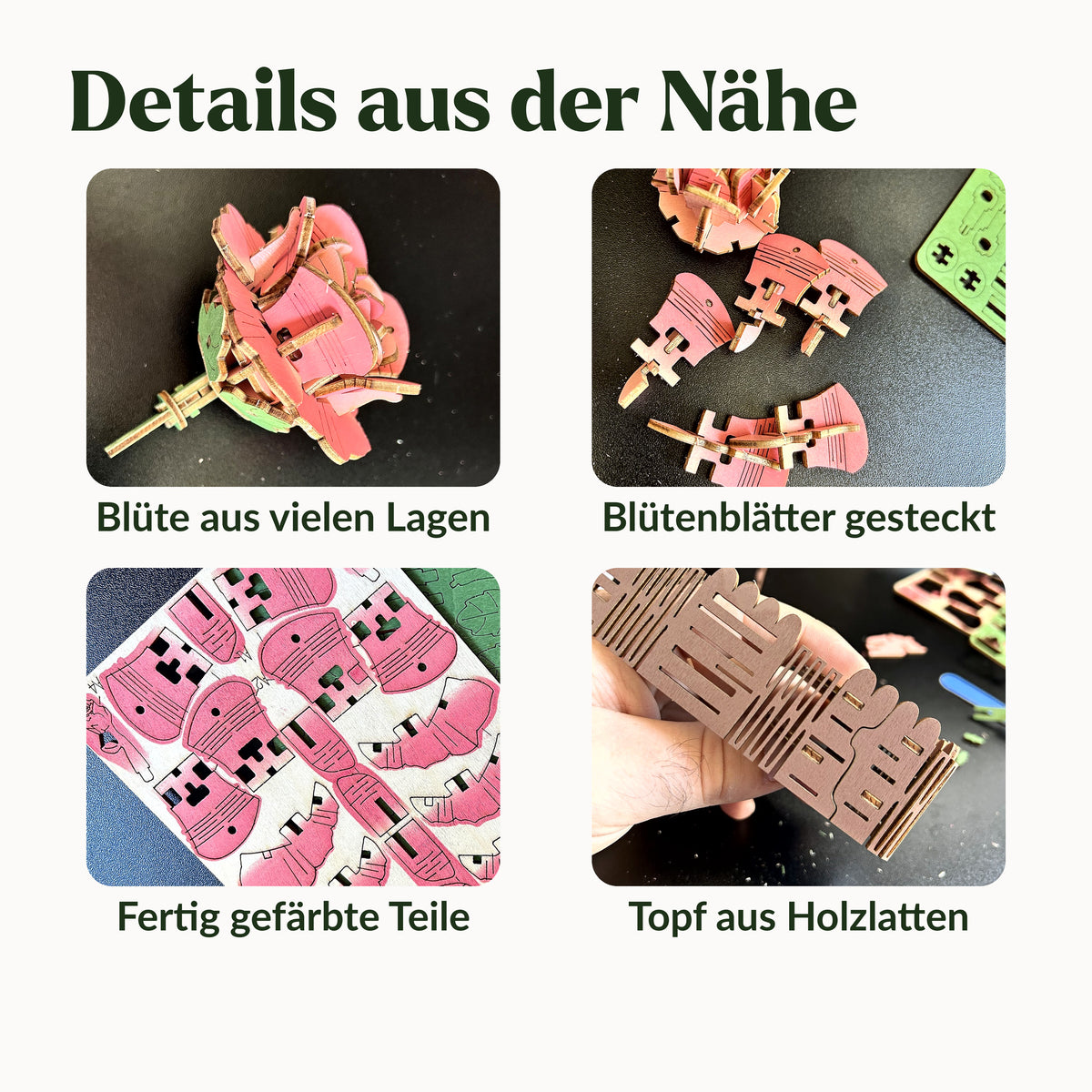 Holzblumen Details: Blüte aus vielen Lagen, gesteckte Blütenblätter, gefärbte Teile, Topf aus Holz