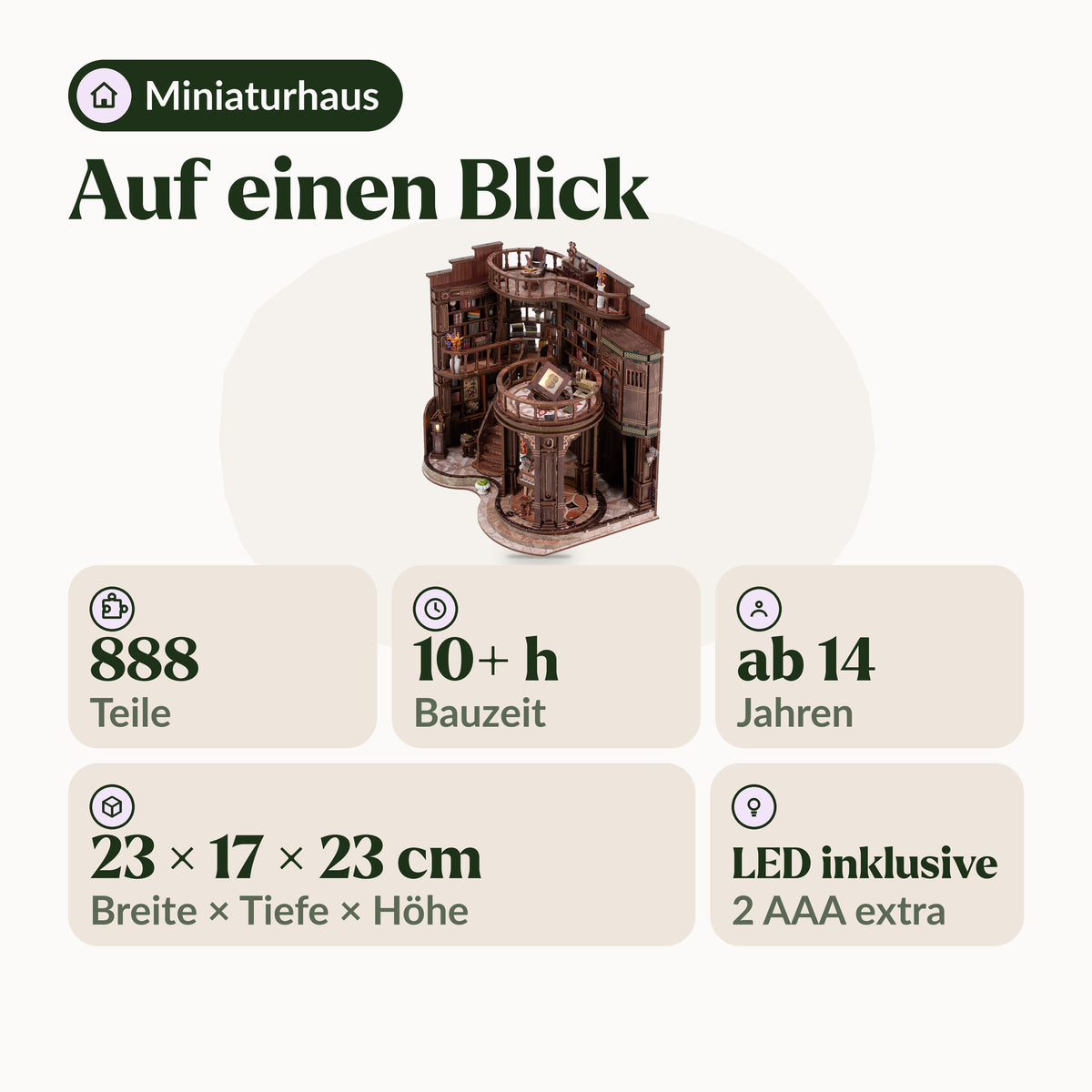 Grand Library Miniaturhaus auf einen Blick: 888 Teile, über 10 Stunden Bauzeit, ab 14 Jahren, LED inklusive