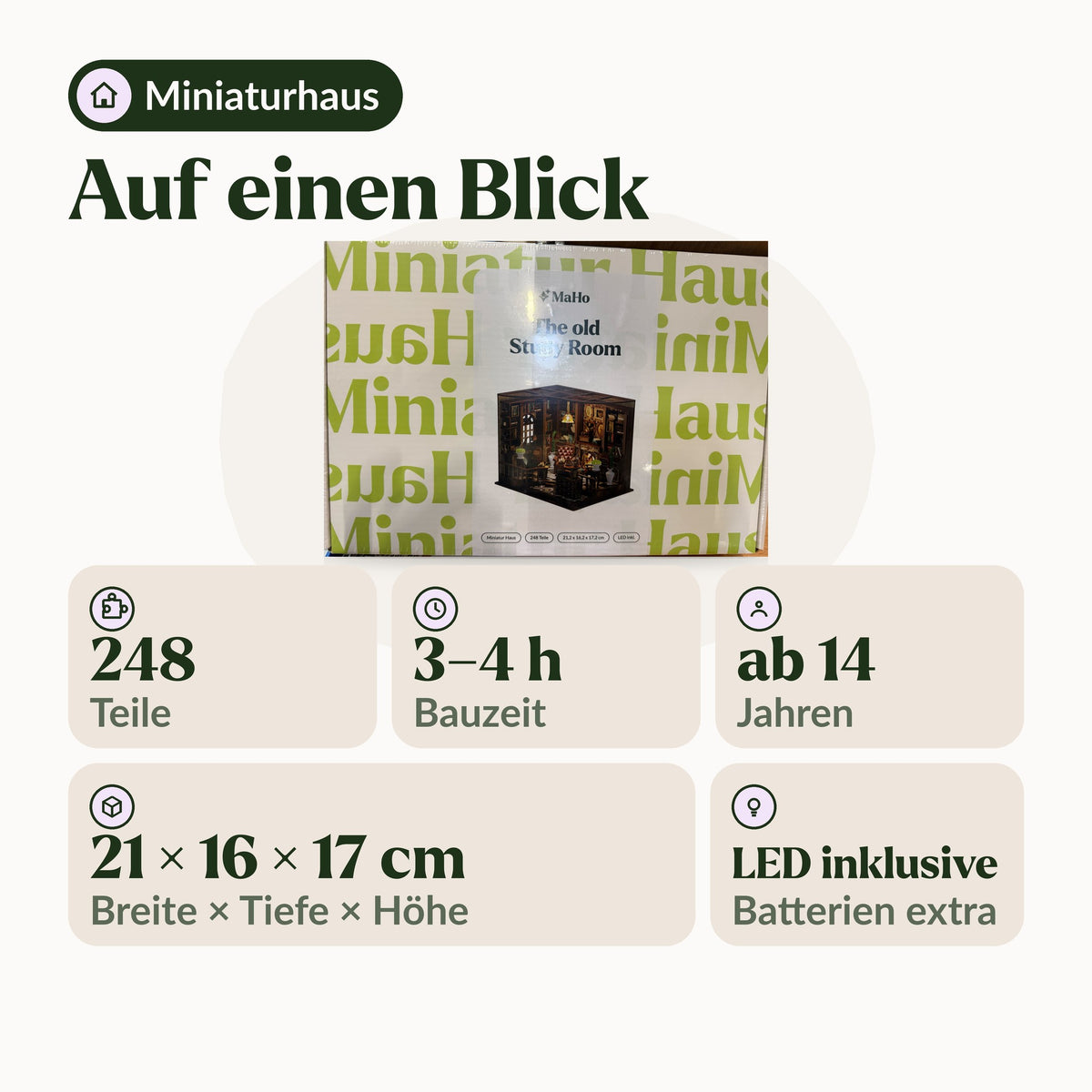 The Old Study Room Miniaturhaus auf einen Blick: 248 Teile, 3 bis 4 h Bauzeit, ab 14, LED inklusive
