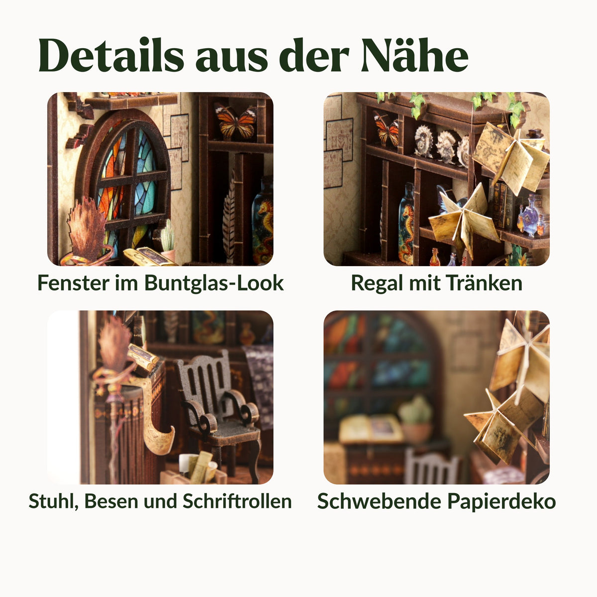 Magic Potion Room Miniaturhaus, Details: Fenster im Buntglas-Look, Regal mit Tränken, Stuhl und Besen