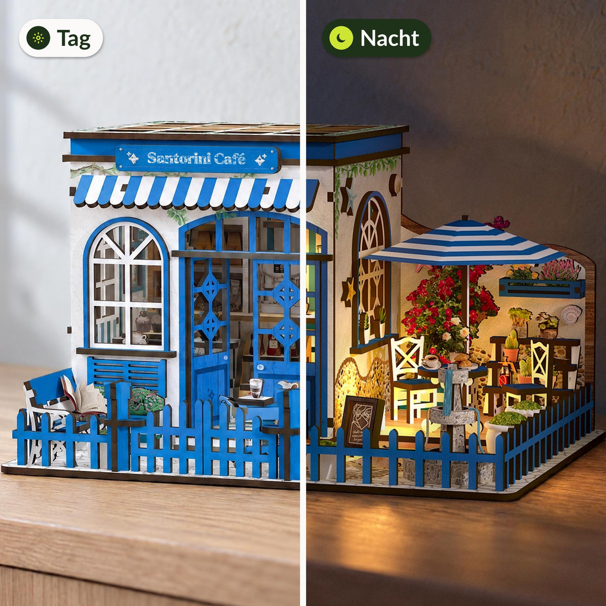 Santorini Café Miniaturhaus, gleiche Ansicht links tagsüber mit Licht aus, rechts abends warm beleuchtet